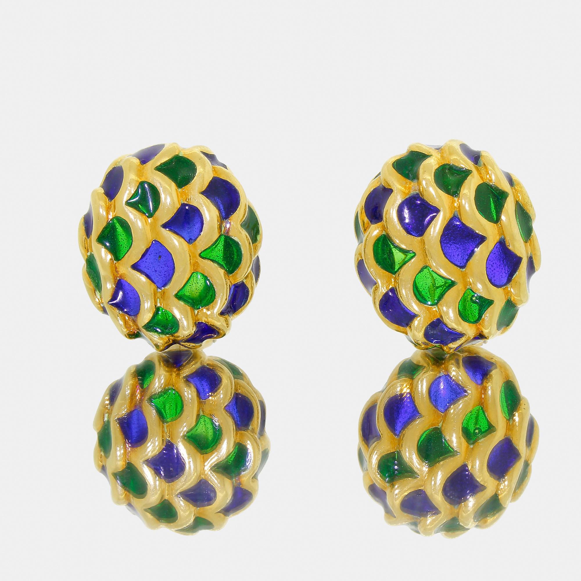 Estate 18K Solid Gold Earrings Green & Blue Plique-à-Jour Pierced Omega 14.20Gr In Excellent Condition For Sale In Lauderdale by the Sea, FL
