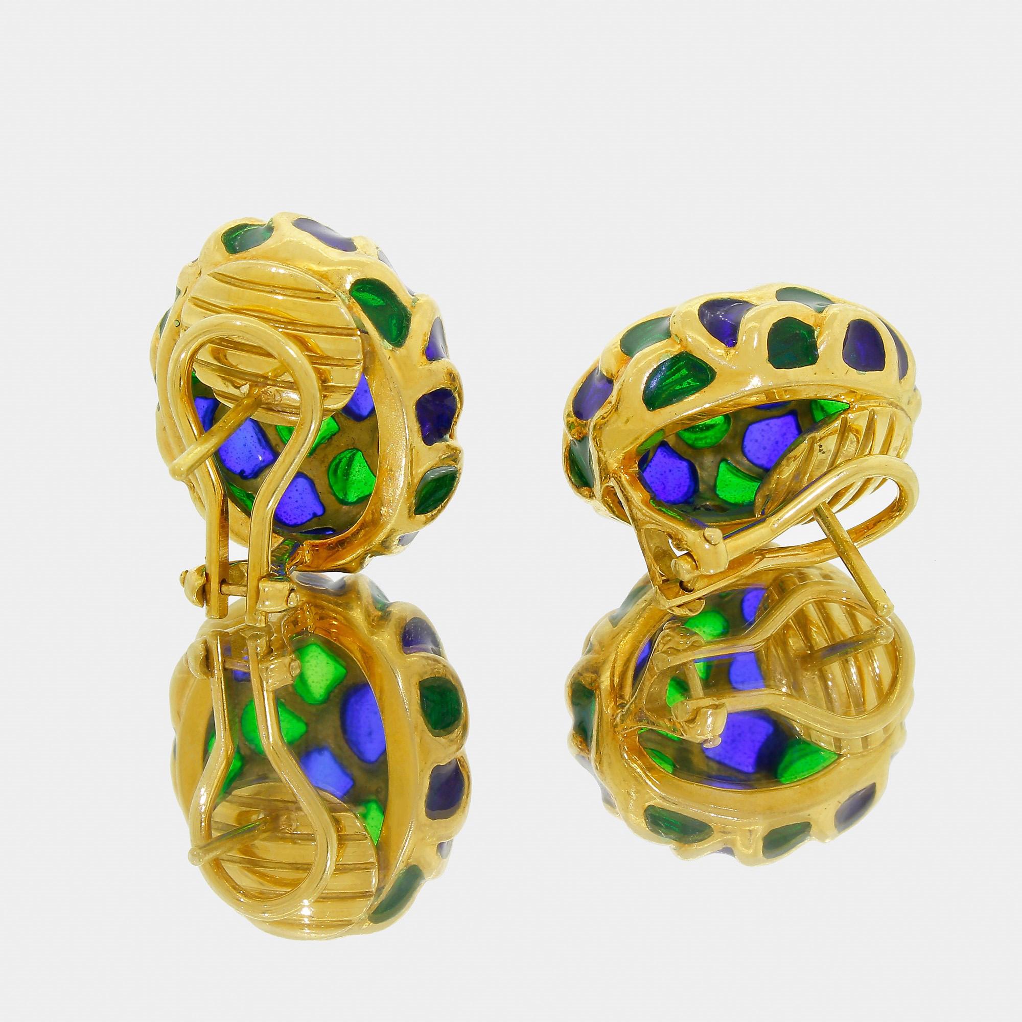 Estate 18K Solid Gold Earrings Green & Blue Plique-à-Jour Pierced Omega 14.20Gr For Sale 1