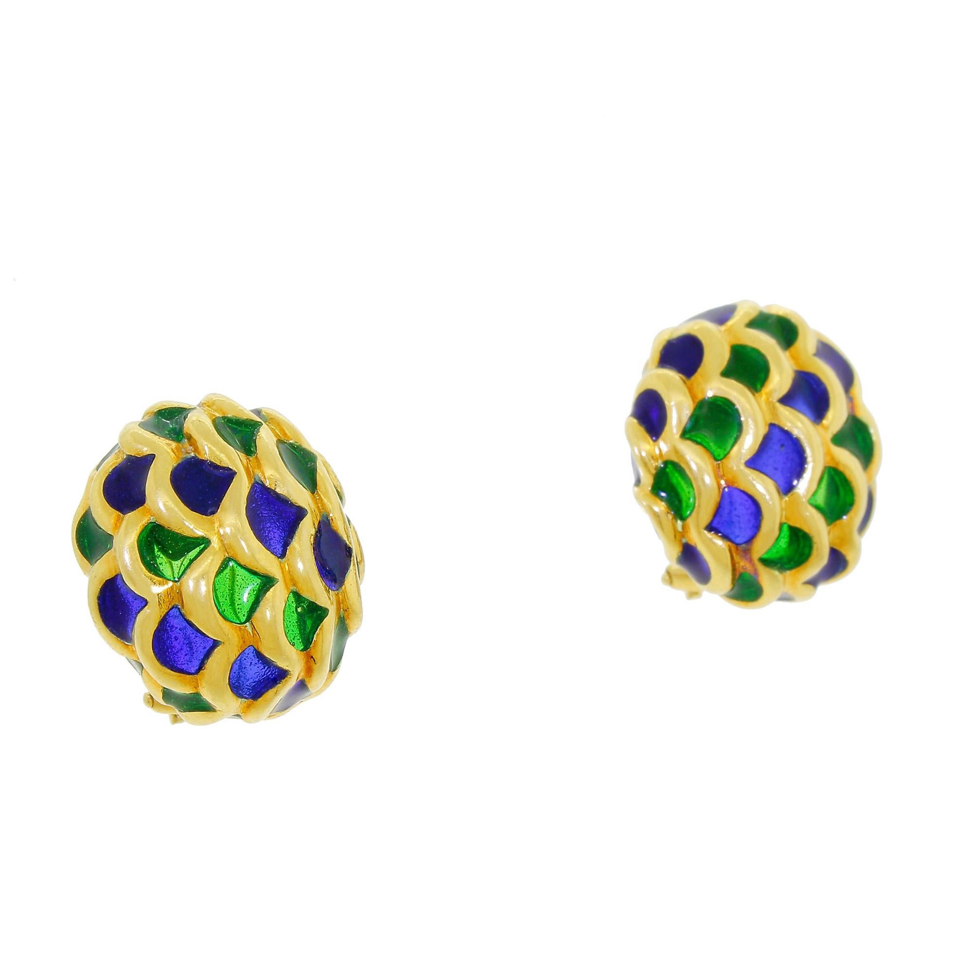 Estate 18K Solid Gold Earrings Green & Blue Plique-à-Jour Pierced Omega 14.20Gr For Sale 4