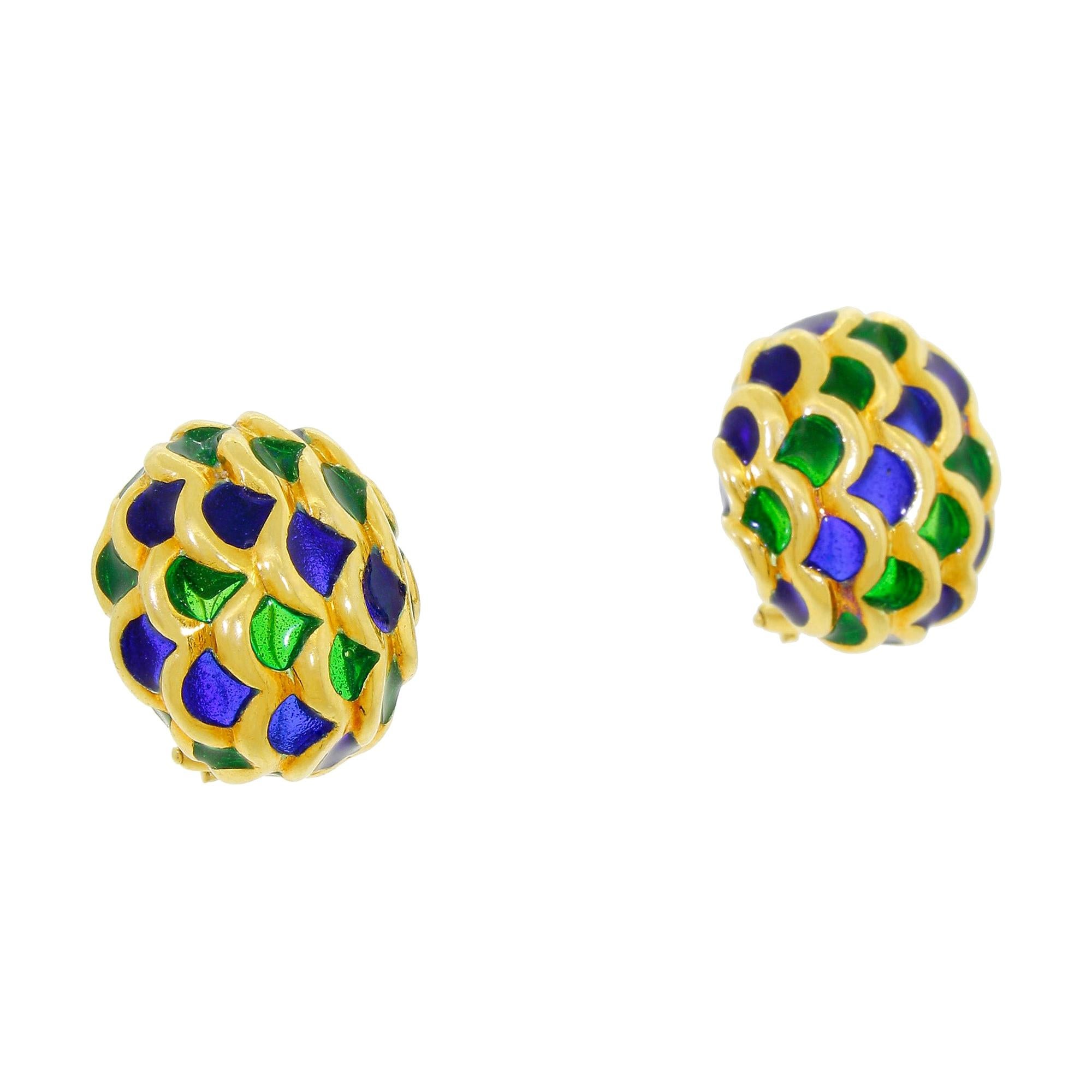 Estate 18K Solid Gold Earrings Green & Blue Plique-à-Jour Pierced Omega 14.20Gr For Sale