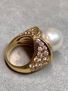Estate 18K South Sea Pearl Baguette & Round Diamond Heavy Cocktail Ring 6.50ctw