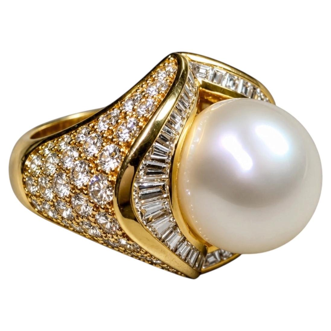 Estate 18K South Sea Pearl Baguette & Round Diamond Heavy Cocktail Ring 6.50ctw