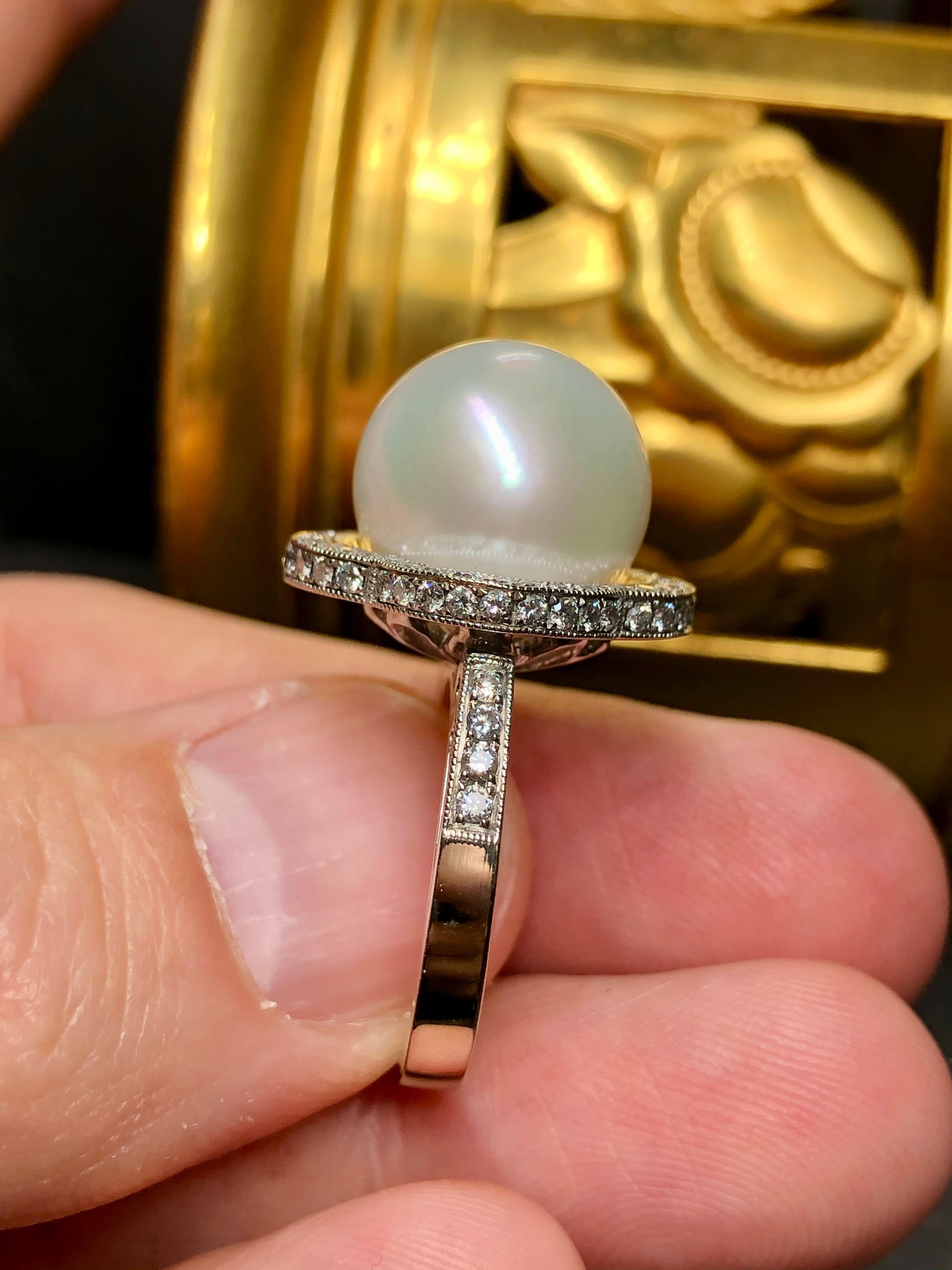 Estate 18K South Sea Pearl Diamond Cocktail Ring 13.4mm Sz 7 For Sale 1