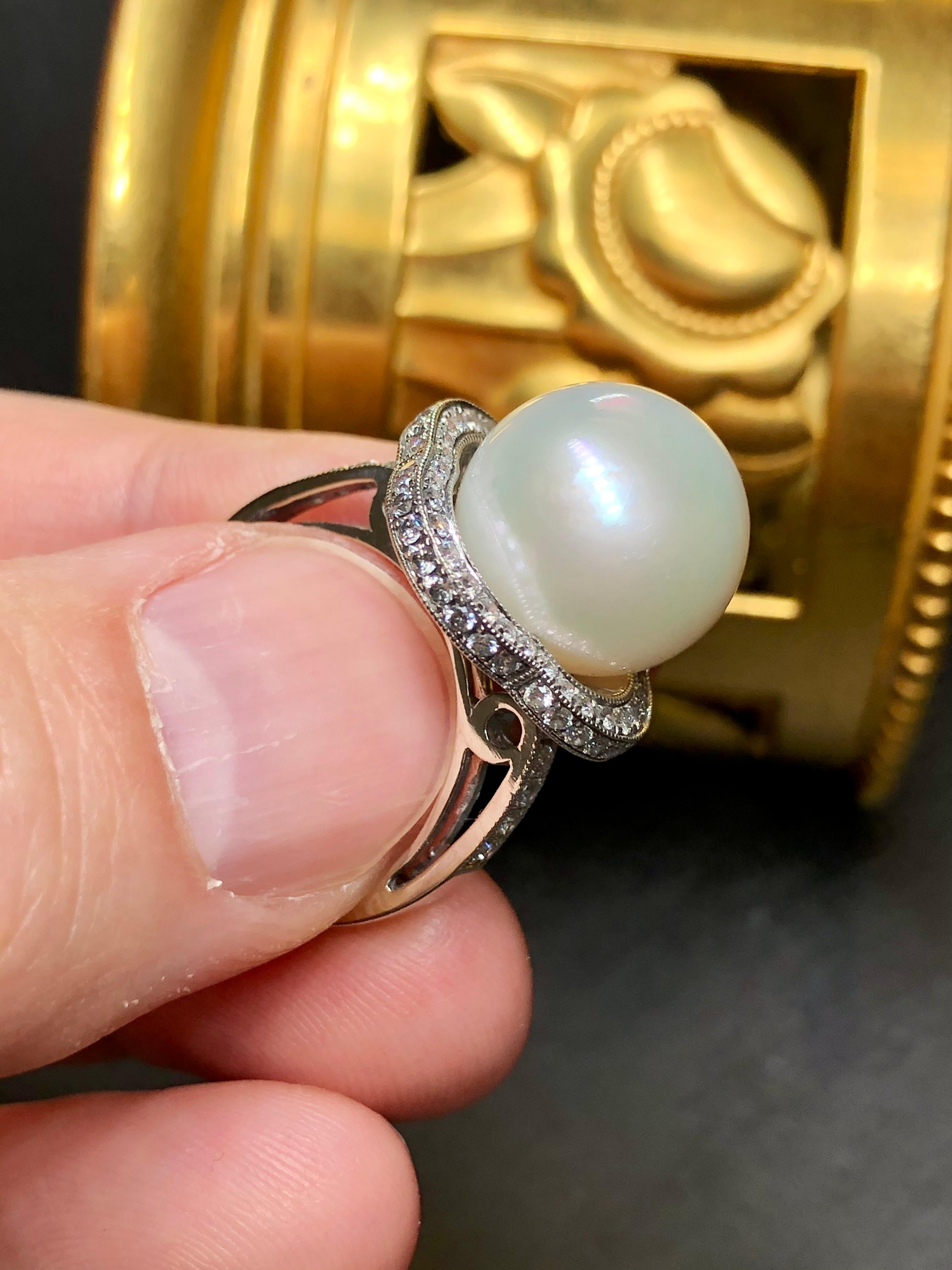 Estate 18K South Sea Pearl Diamond Cocktail Ring 13.4mm Sz 7 For Sale 3