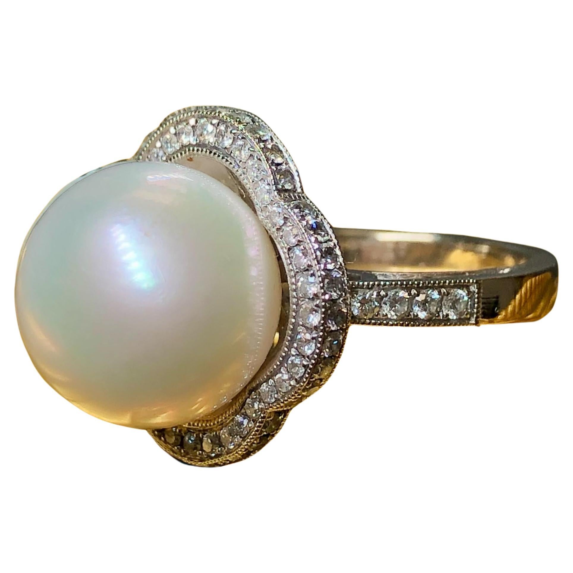 Estate 18K South Sea Pearl Diamond Cocktail Ring 13.4mm Sz 7 For Sale