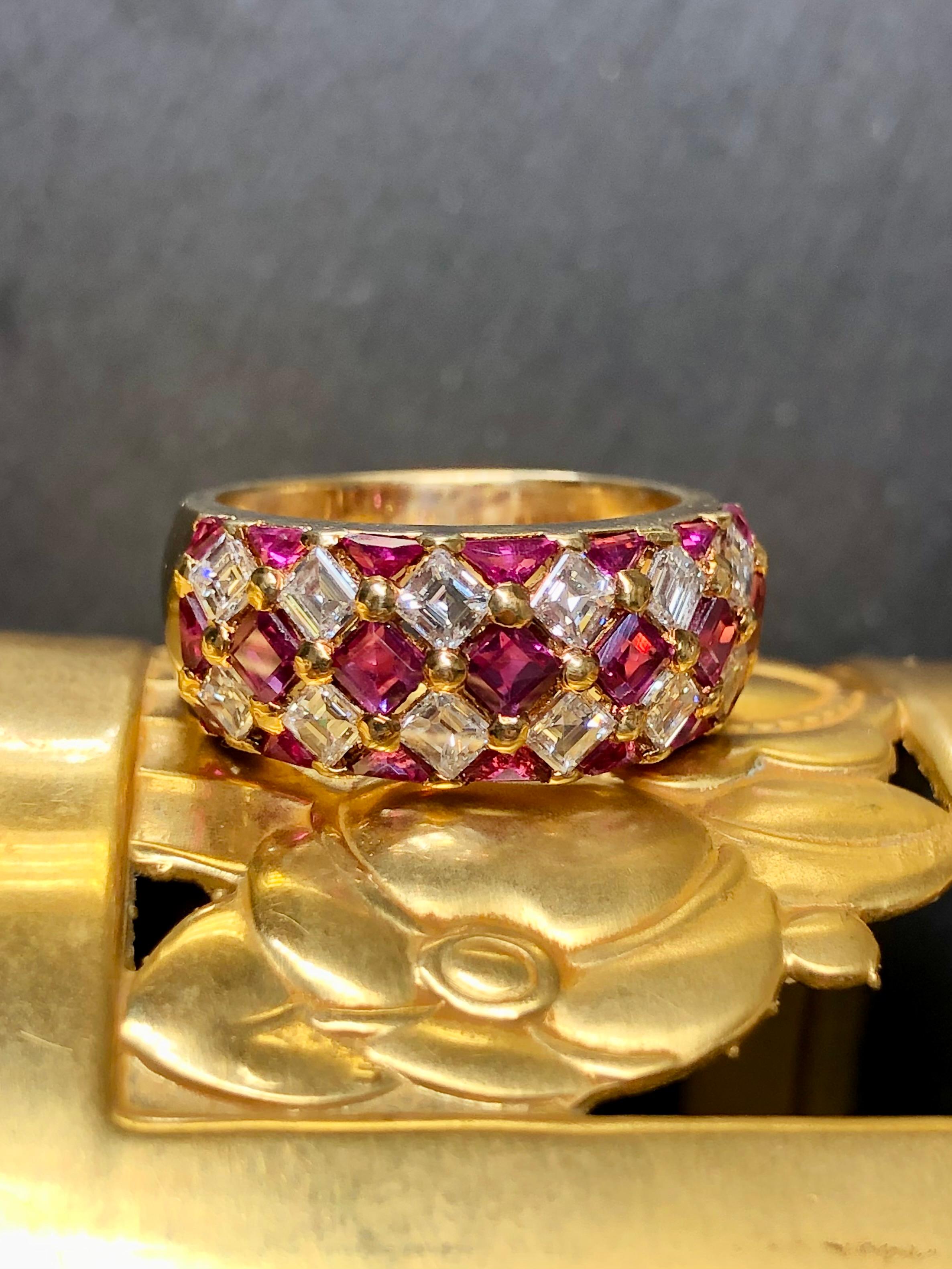 
A gorgeously made ring crafted in 18K yellow gold and set in the shared-prong style with approximately 1.80cttw in beautifully white and clear F-G color and Vs1+ clarity square baguette cut diamonds as well as square and calibrated trilliant