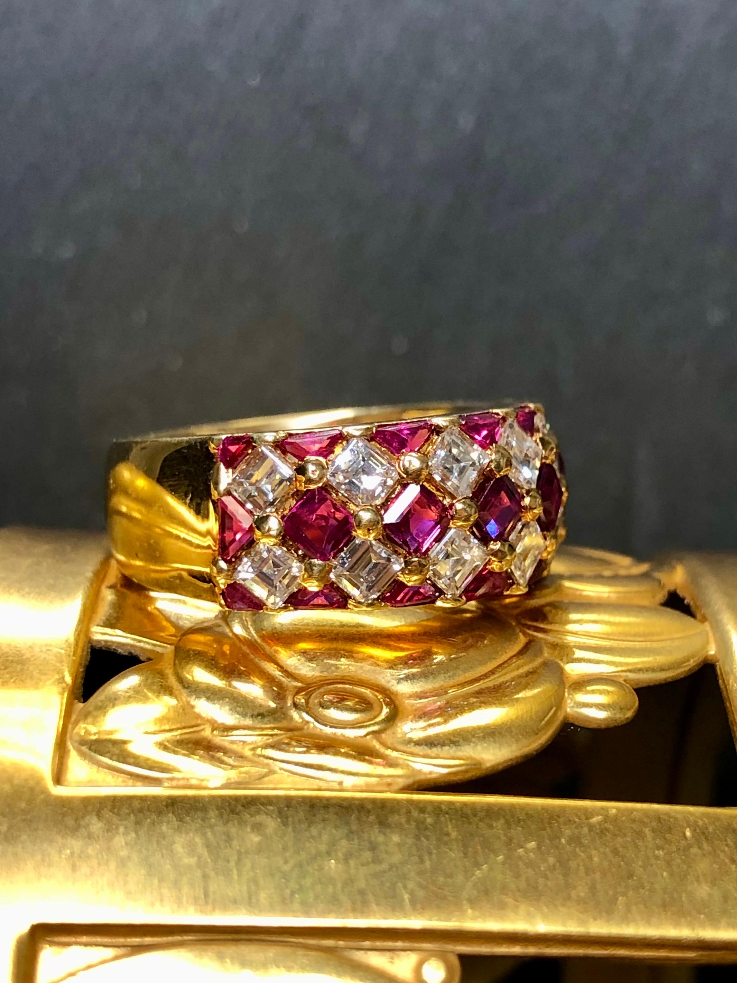 Contemporary Estate 18K Square Baguette Diamond Calibrated Ruby Band Cocktail Ring 4.40cttw