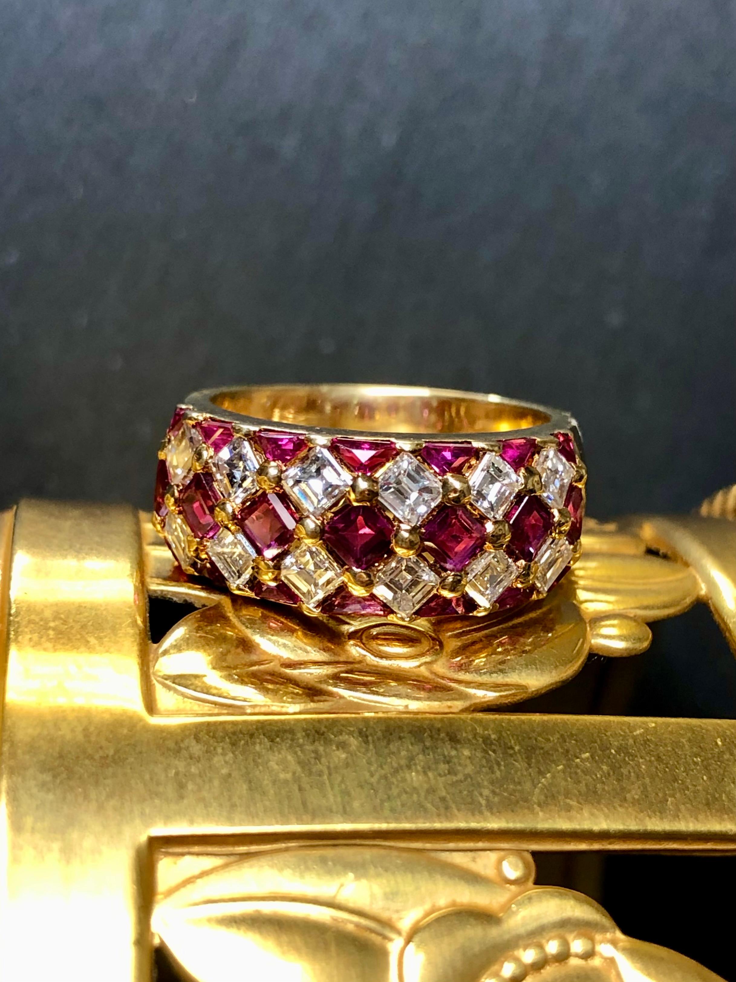 Estate 18K Square Baguette Diamond Calibrated Ruby Band Cocktail Ring 4.40cttw In Good Condition In Winter Springs, FL