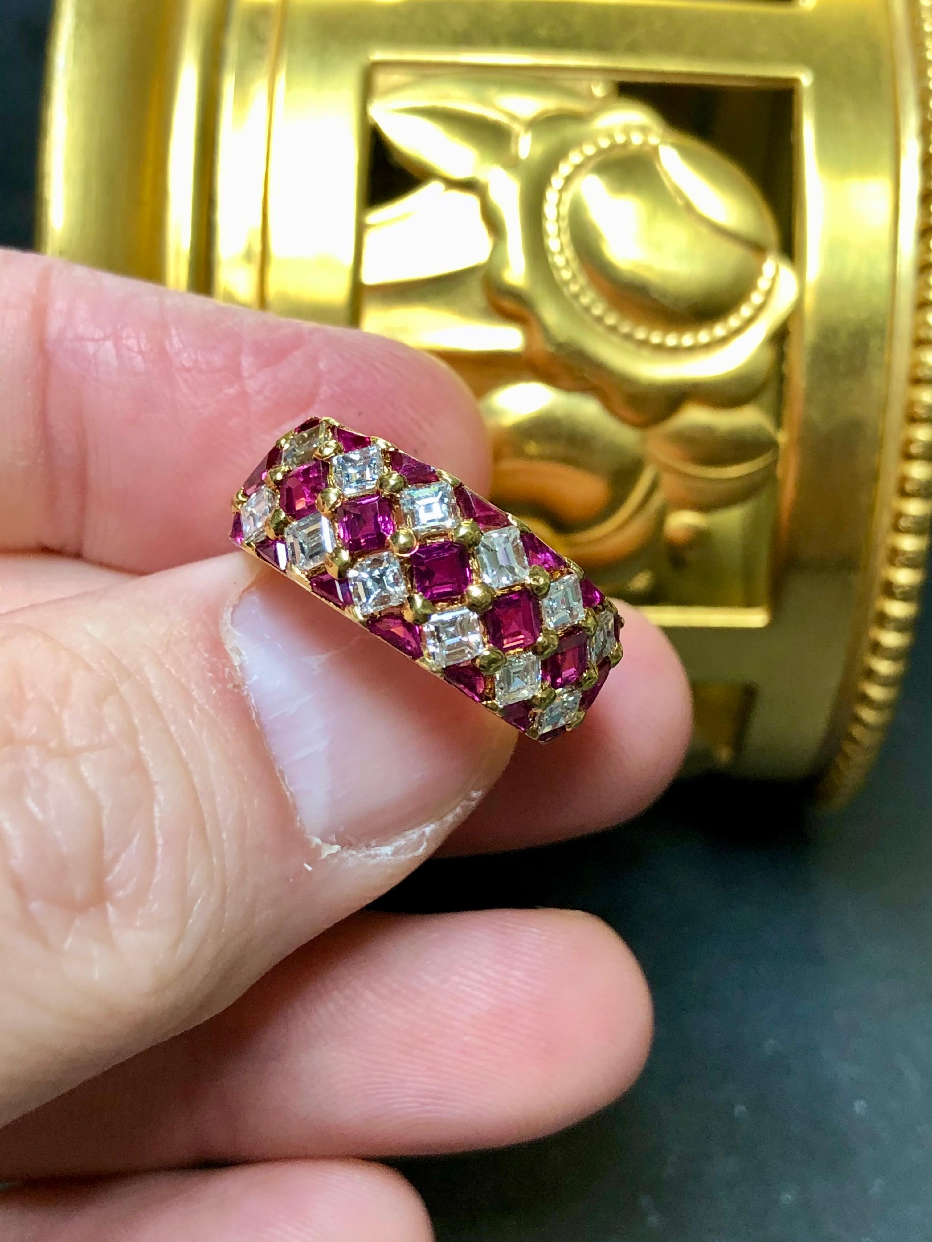 Women's or Men's Estate 18K Square Baguette Diamond Calibrated Ruby Band Cocktail Ring 4.40cttw