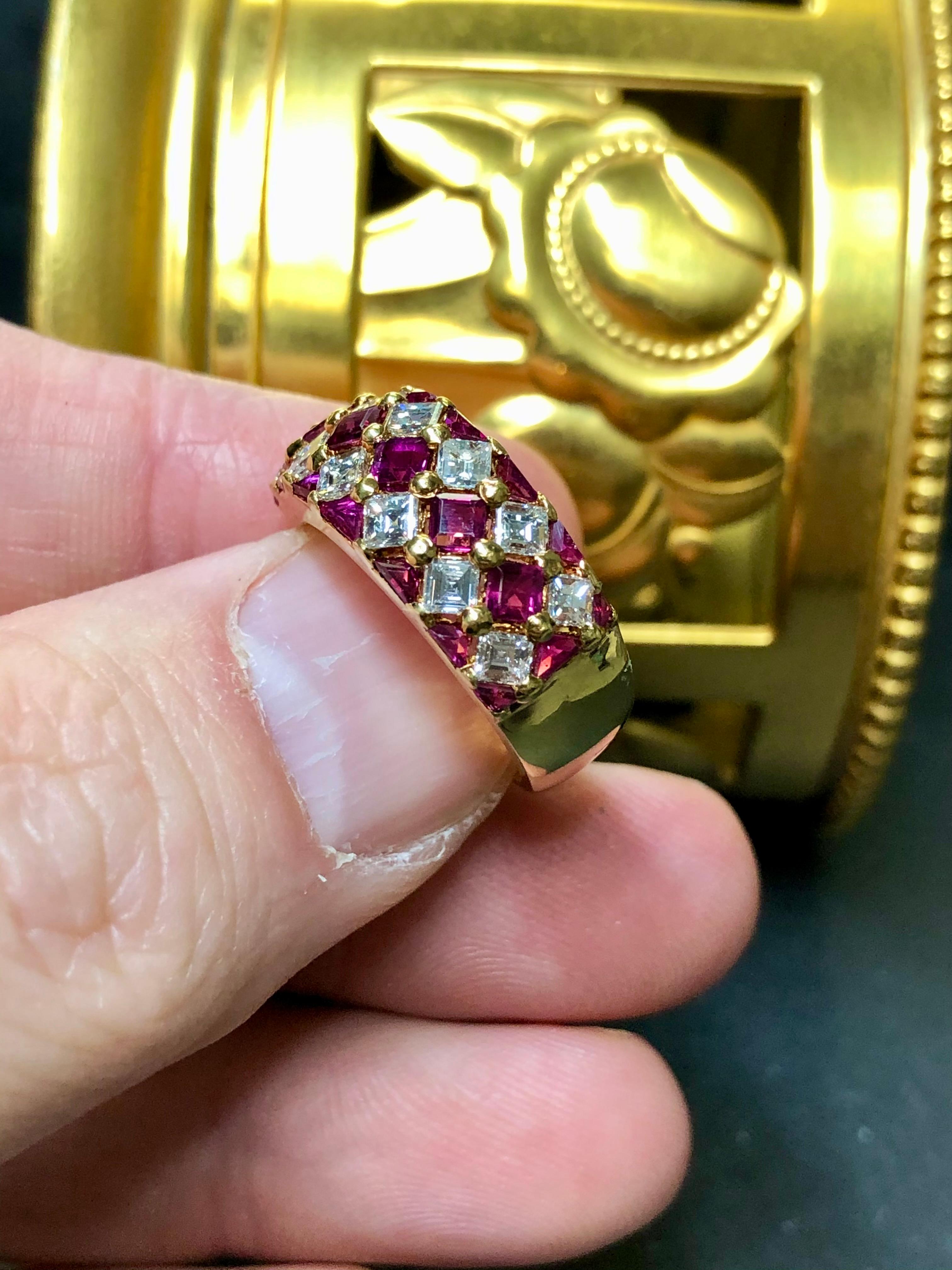 Estate 18K Square Baguette Diamond Calibrated Ruby Band Cocktail Ring 4.40cttw 1