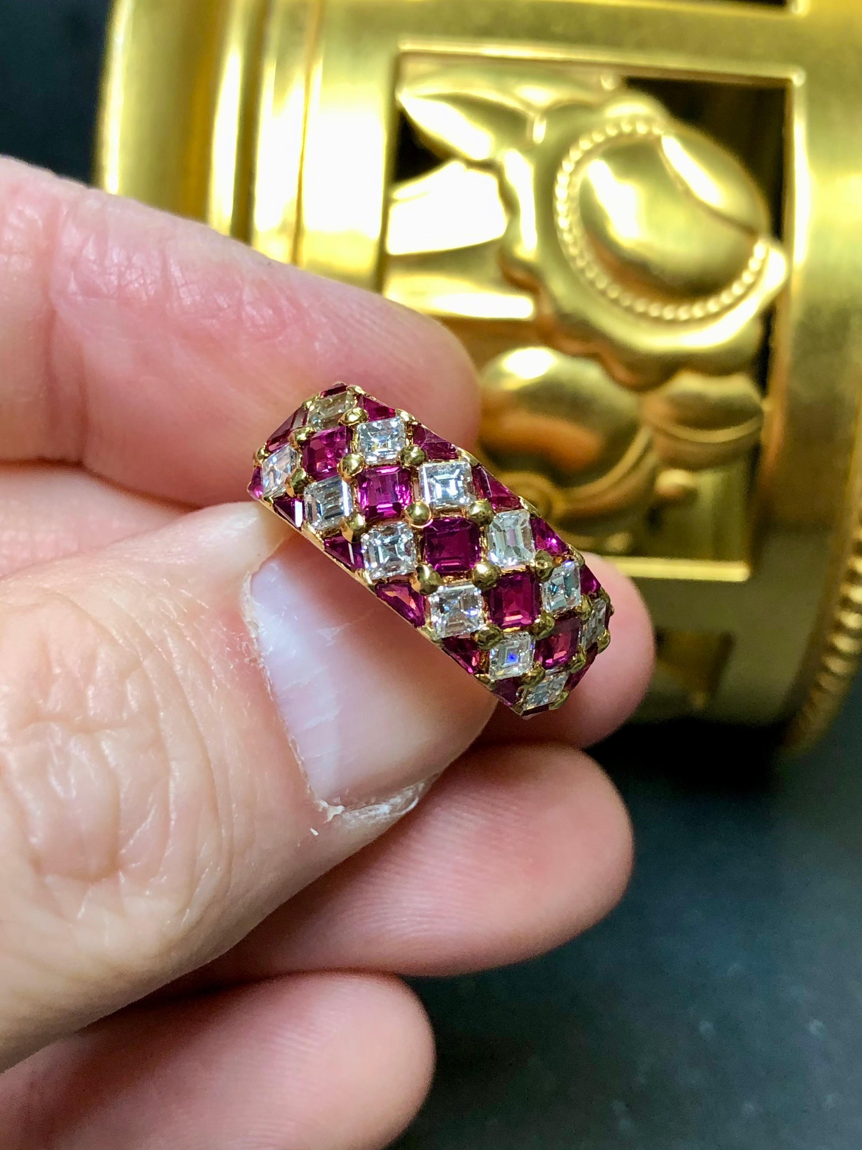 Estate 18K Square Baguette Diamond Calibrated Ruby Band Cocktail Ring 4.40cttw 2