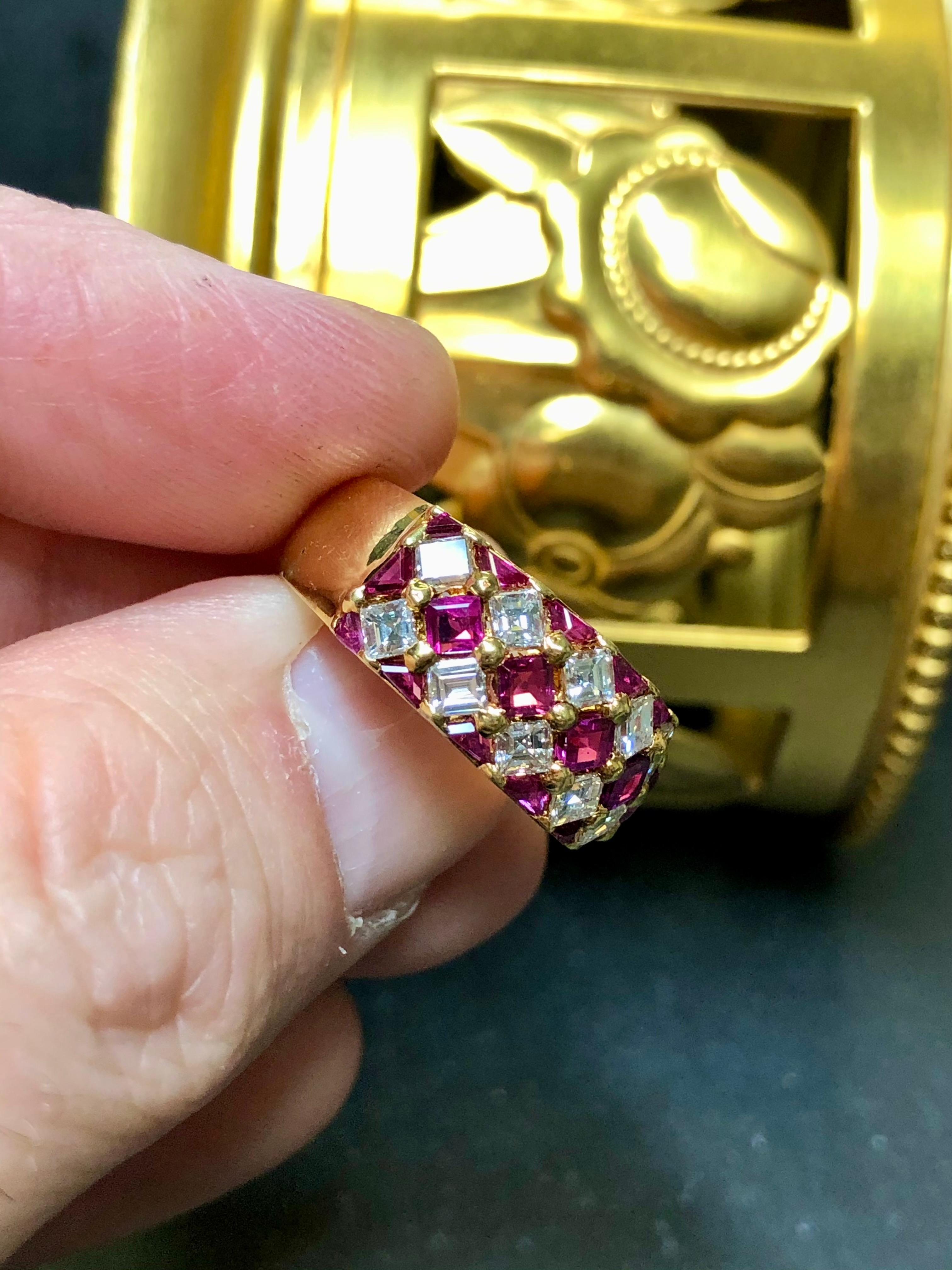 Estate 18K Square Baguette Diamond Calibrated Ruby Band Cocktail Ring 4.40cttw 3
