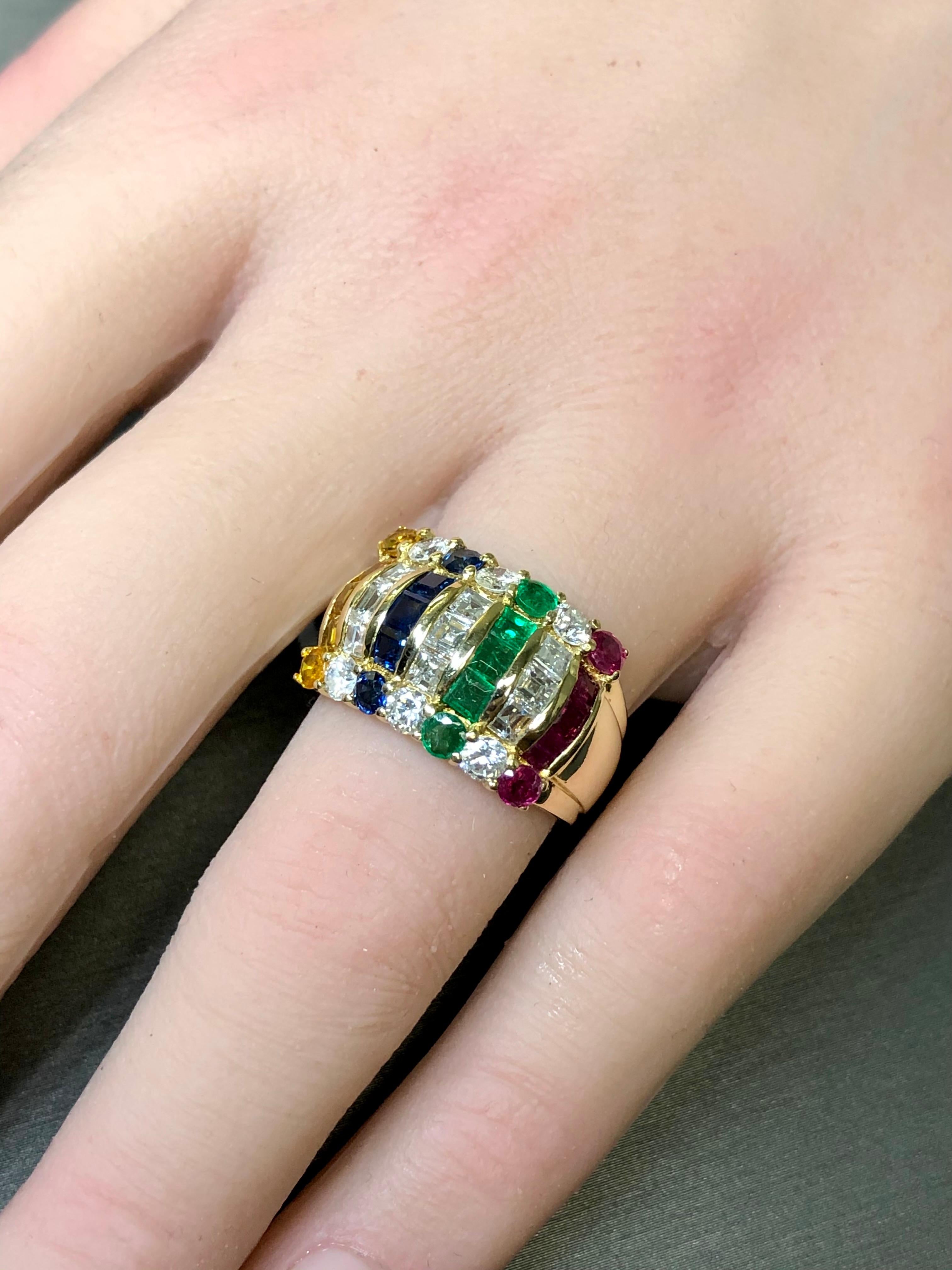 Estate 18K Square Baguette Diamond Ruby Sapphire Cocktail Wide Band Ring 3.80ctw For Sale 7