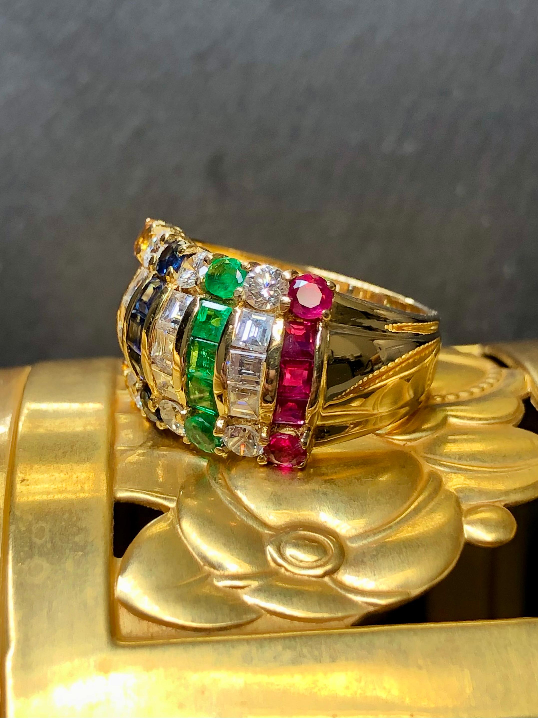 Contemporary Estate 18K Square Baguette Diamond Ruby Sapphire Cocktail Wide Band Ring 3.80ctw For Sale