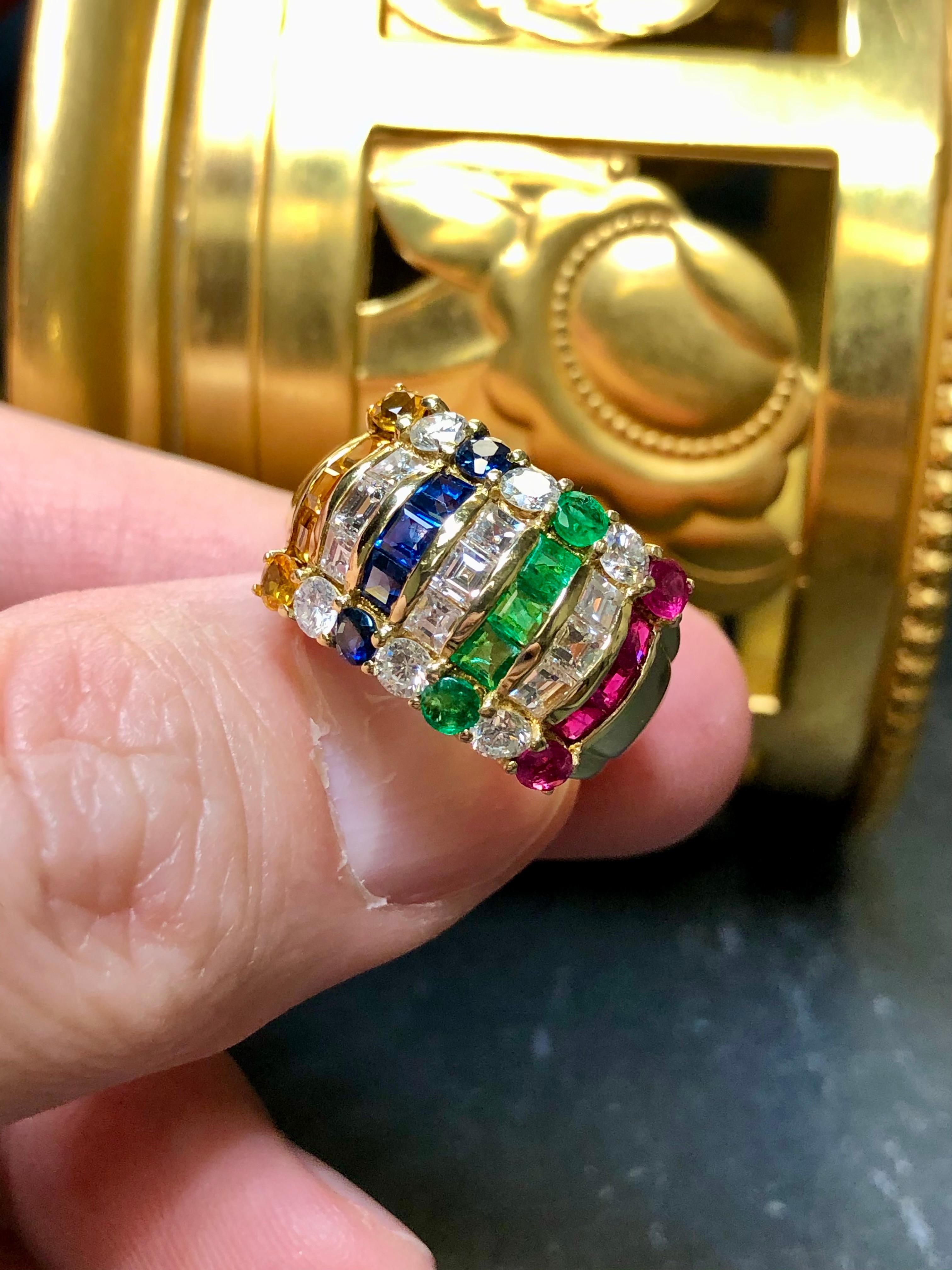 Estate 18K Square Baguette Diamond Ruby Sapphire Cocktail Wide Band Ring 3.80ctw In Excellent Condition For Sale In Winter Springs, FL