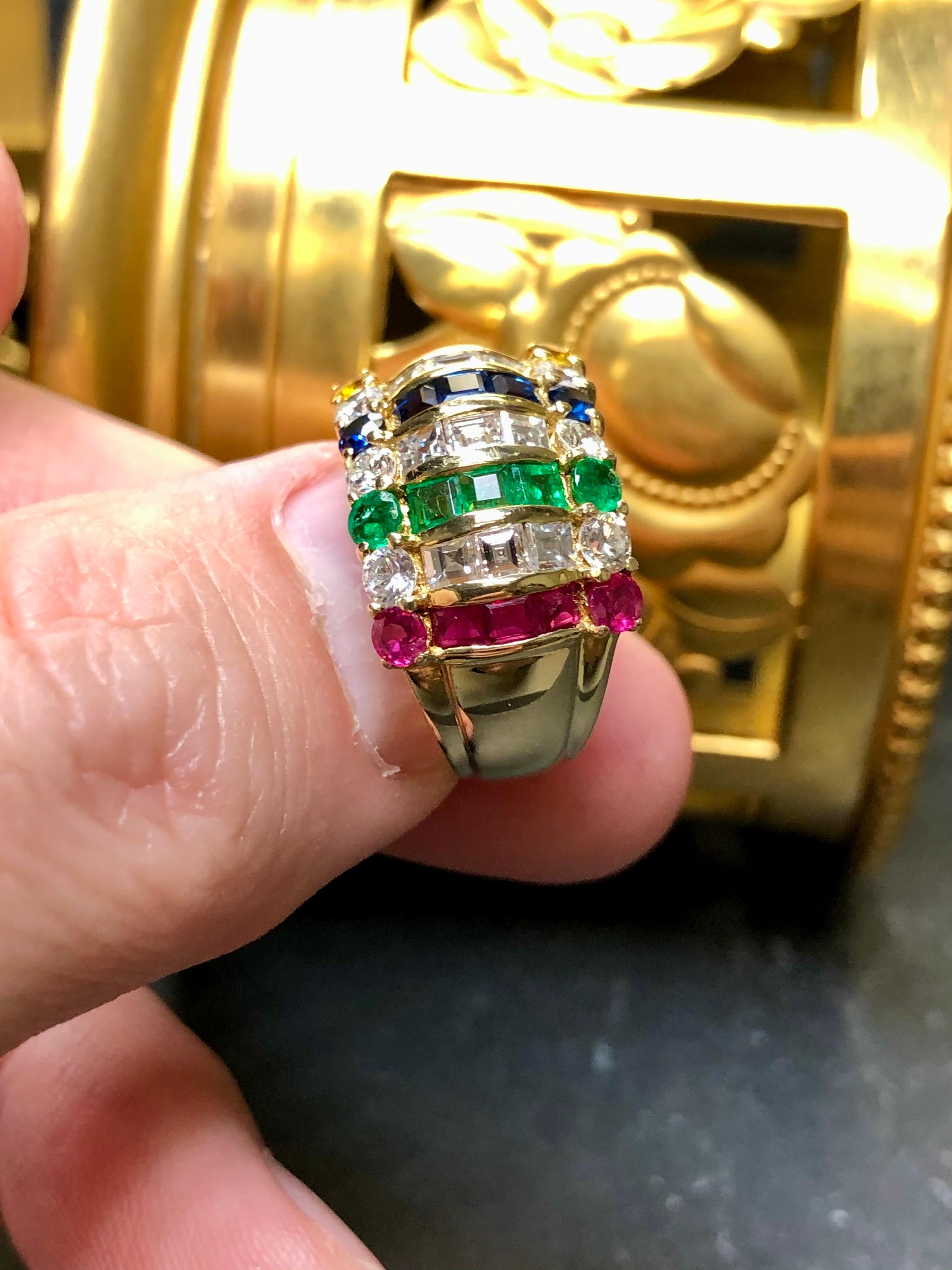 Estate 18K Square Baguette Diamond Ruby Sapphire Cocktail Wide Band Ring 3.80ctw For Sale 1