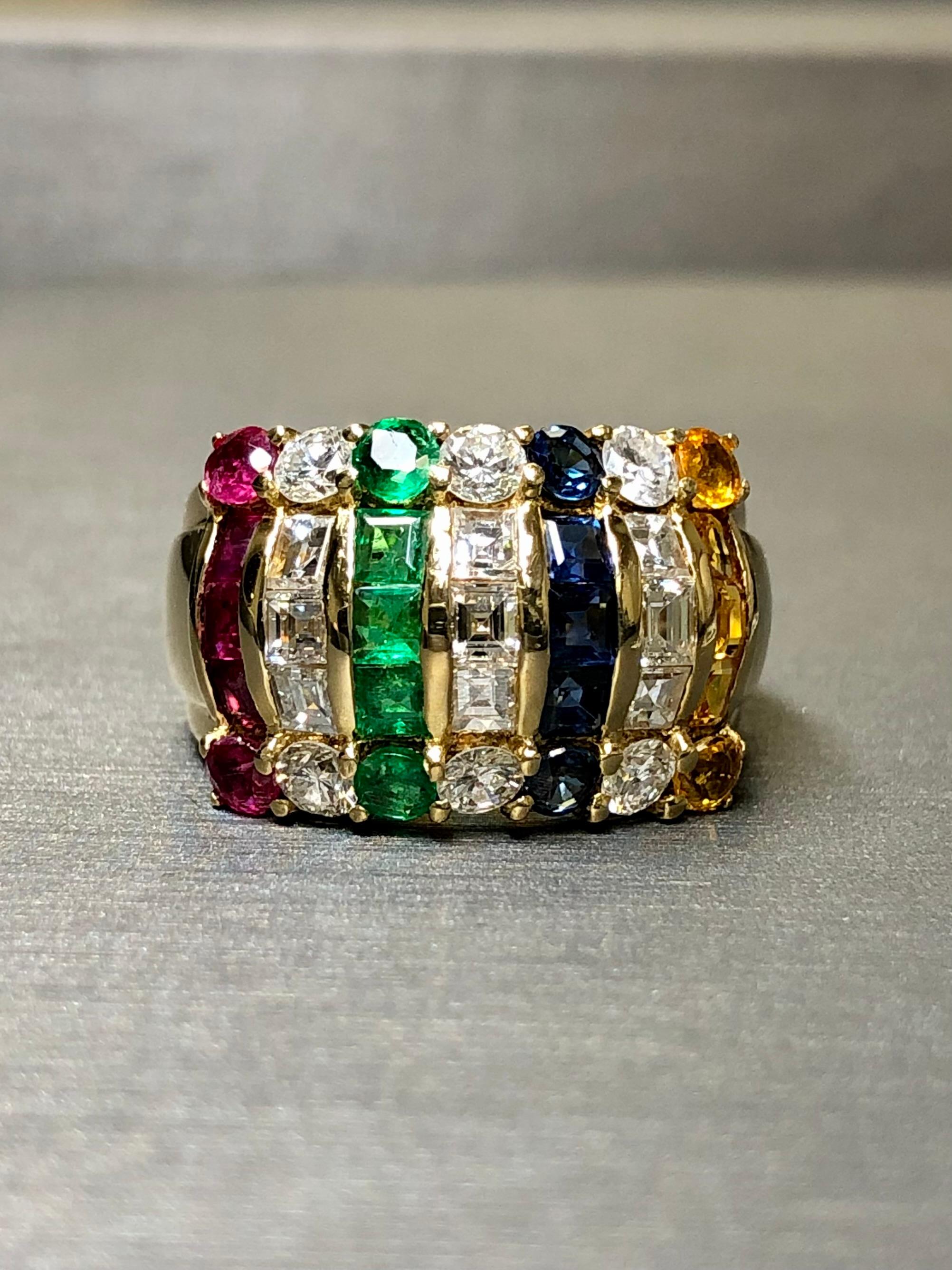 Estate 18K Square Baguette Diamond Ruby Sapphire Cocktail Wide Band Ring 3.80ctw For Sale 2