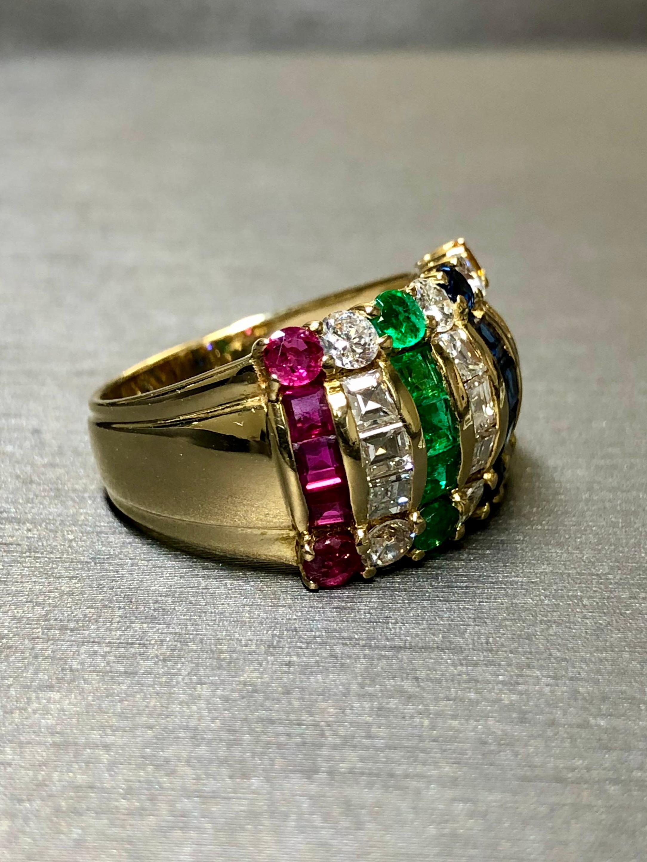 Estate 18K Square Baguette Diamond Ruby Sapphire Cocktail Wide Band Ring 3.80ctw For Sale 3