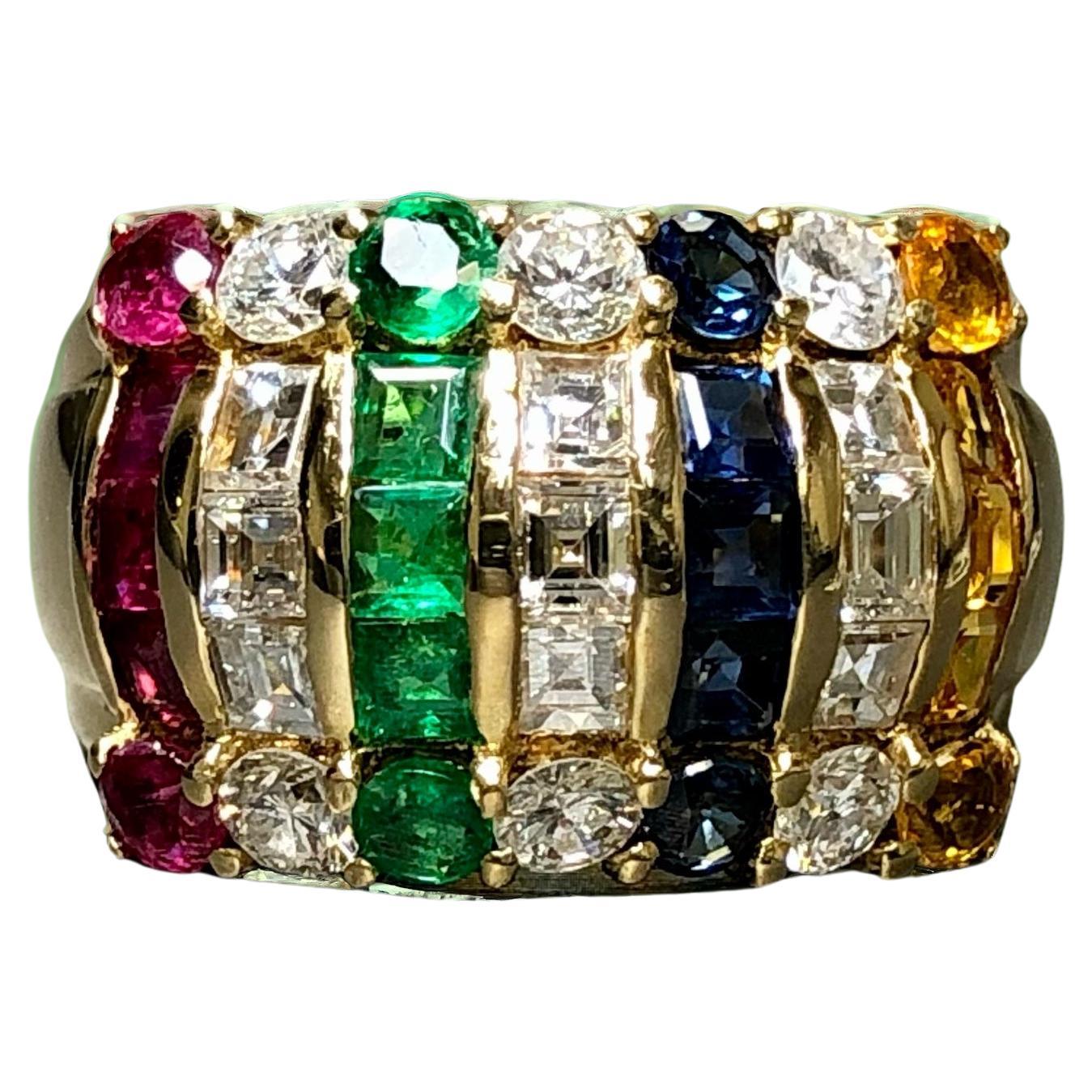 Estate 18K Square Baguette Diamond Ruby Sapphire Cocktail Wide Band Ring 3.80ctw For Sale