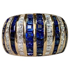 Estate 18K Square Baguette Diamond & Sapphire Channel Set Wide Band Ring Sz 4