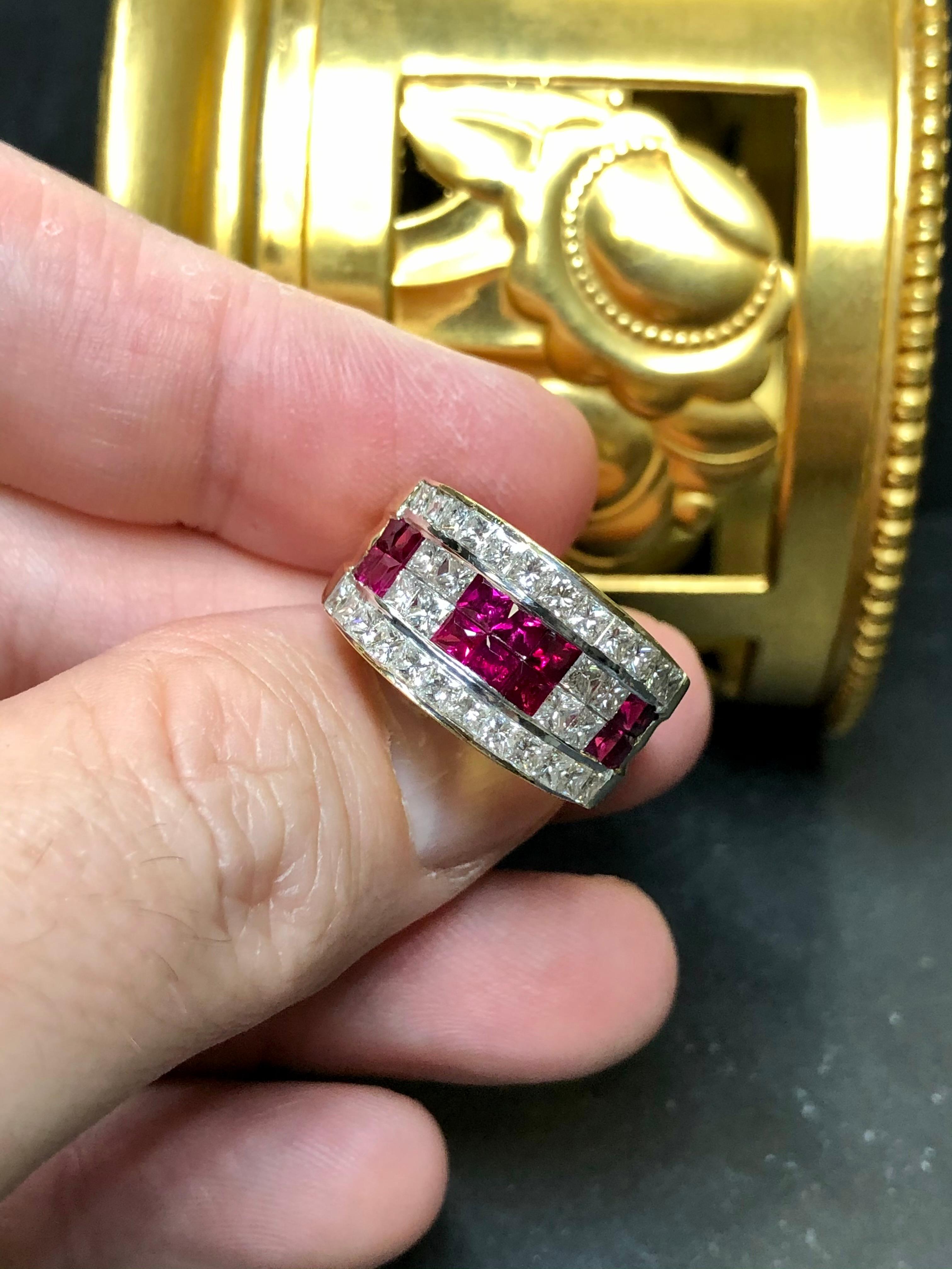 Estate 18K Square Ruby Princess Diamond Wide Cocktail Band 4.34cttw Sz 7.25 In Good Condition For Sale In Winter Springs, FL