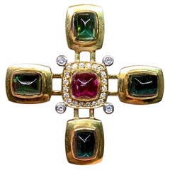 Estate 18K Sugarloaf Cabochon Green Pink Tourmaline Large Diamond Cross Pendant