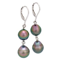 Estate 18k Tahitian Pearl and Diamond Drop Earrings