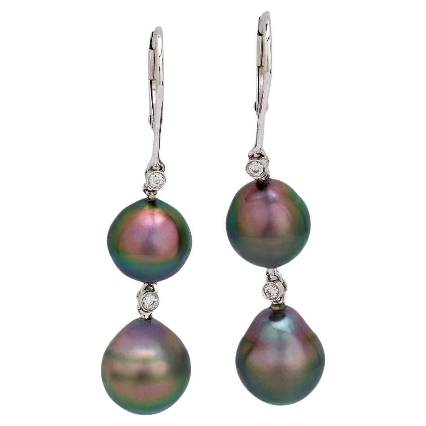 Pendientes de Gota de Perla de Tahití y Diamantes Estate 18k