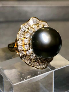 Estate 18K Tahitian Pearl Baguette Round Diamond Cocktail Ring 2.50cttw 12.80mm