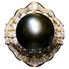 Estate 18K Tahitian Pearl Baguette Round Diamond Cocktail Ring 2.50cttw 12.80mm
