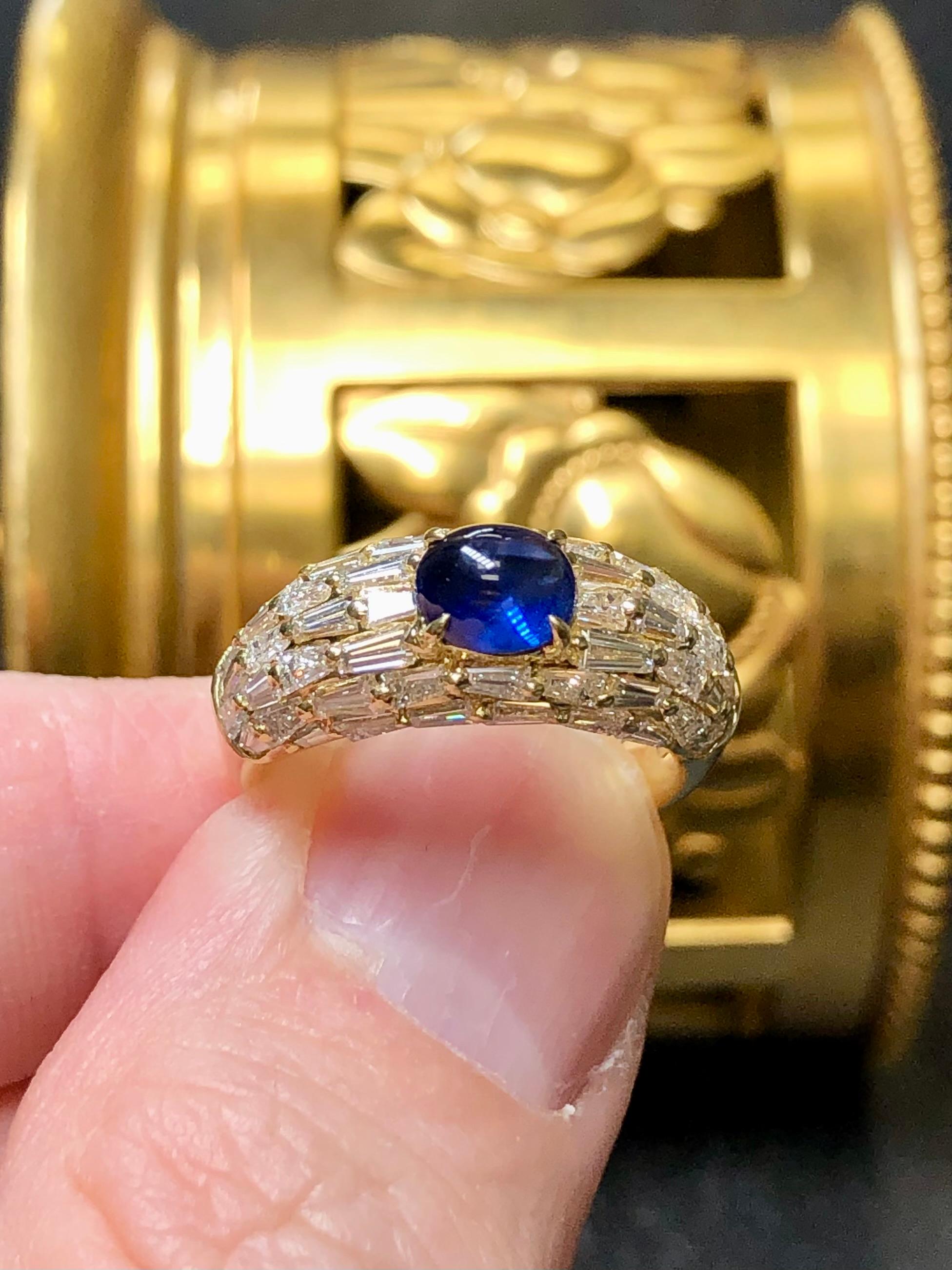 Estate 18K Tapered Baguette Cabochon Sapphire Cocktail Ring 3.90cttw Sz 6 For Sale 1