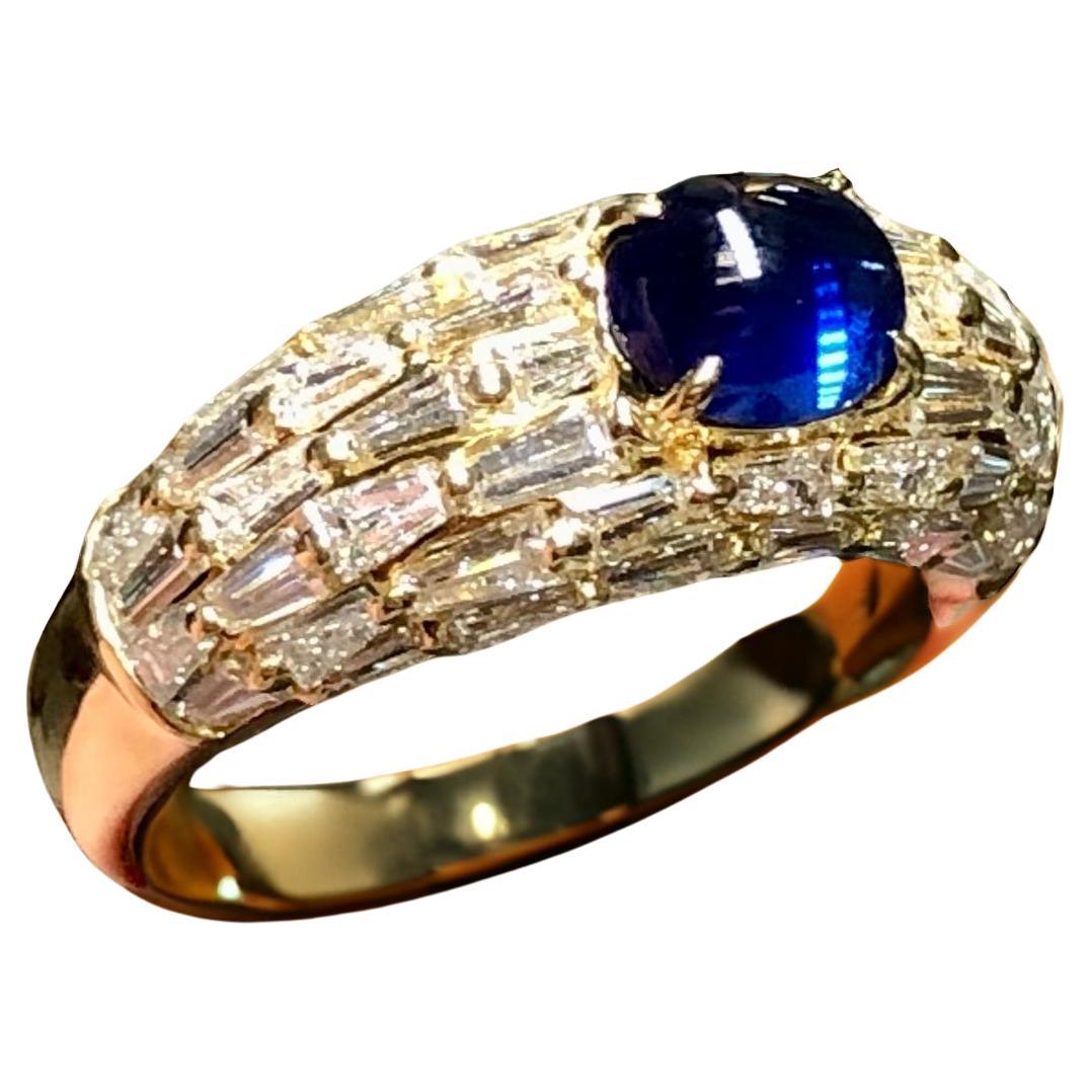 Estate 18K Tapered Baguette Cabochon Sapphire Cocktail Ring 3.90cttw Sz 6 For Sale
