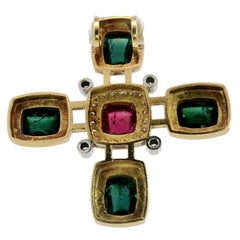 Estate 18K Tourmaline Cross Pendant Diamond Accents Yellow Gold ~16.8ctw