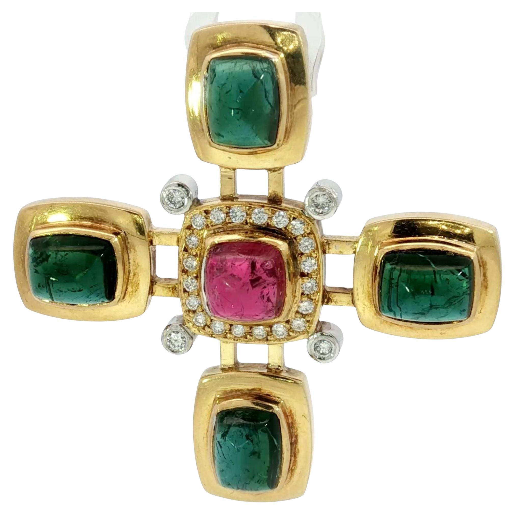 Estate 18K Tourmaline Cross Pendant Diamond Accents Yellow Gold ~16.8ctw For Sale