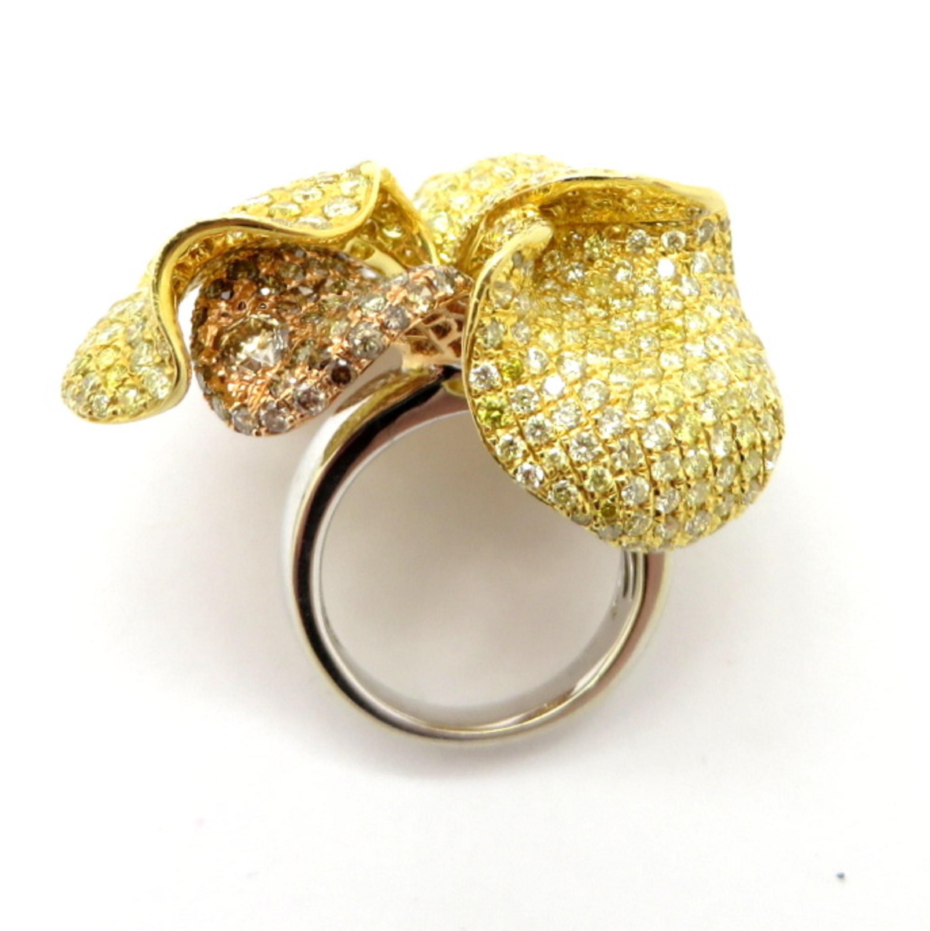 Estate 18 Karat Tricolor Gold Pave Diamond Flower Fashion Ring 1