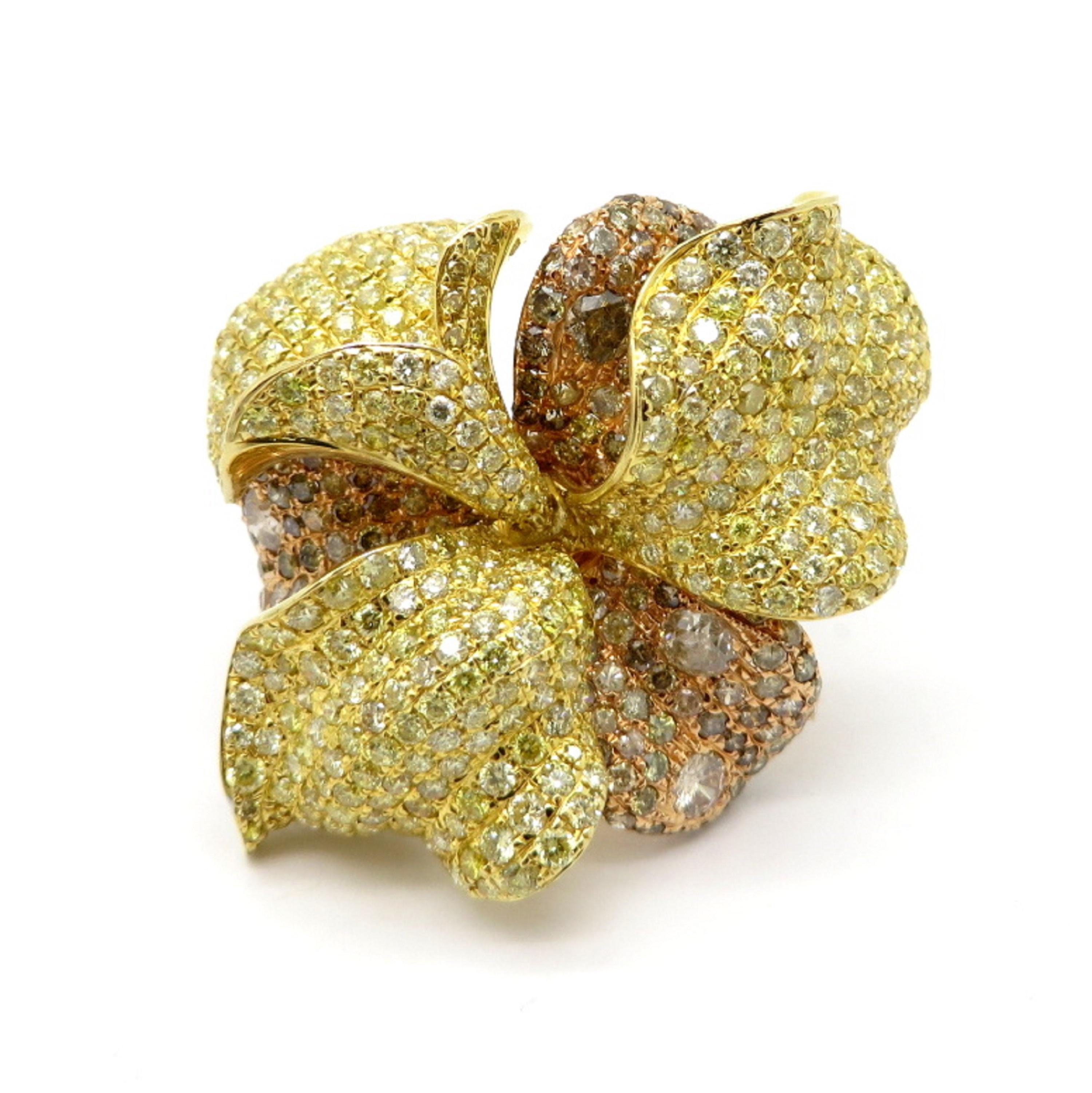 Estate 18 Karat Tricolor Gold Pave Diamond Flower Fashion Ring 2