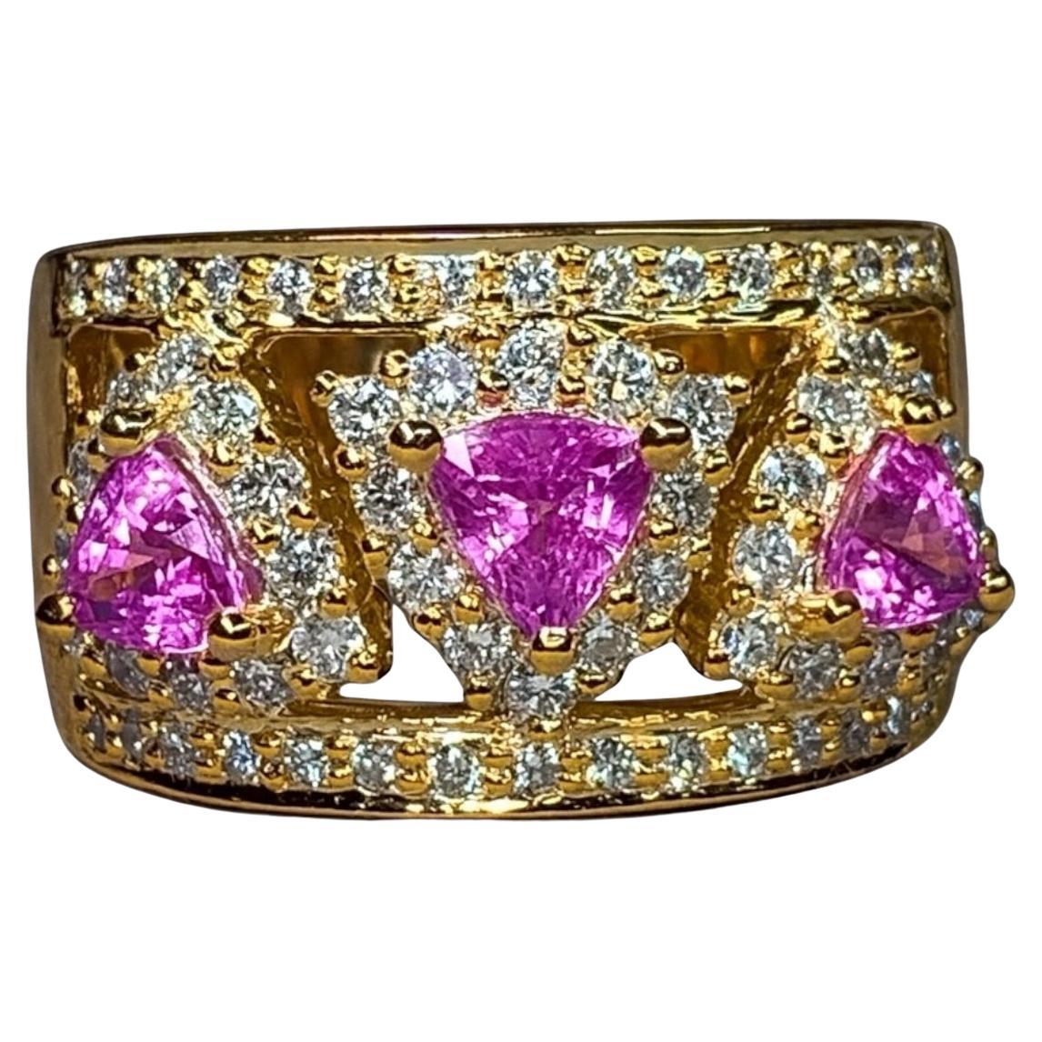 Estate 18K Trilliant Pink Sapphire Diamond Openwork Wide Band Cocktail Ring Sz 7