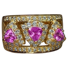 Estate 18K Trilliant Pink Sapphire Diamond Openwork Wide Band Cocktail Ring Sz 7