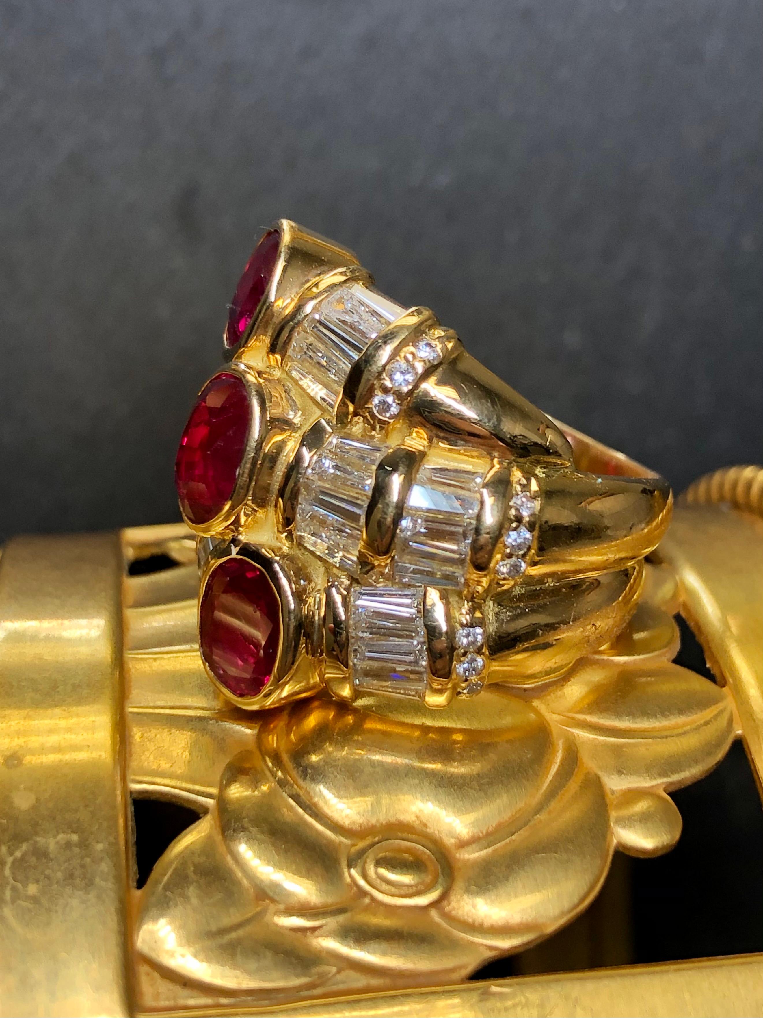 Estate 18K Triple Bezel Ruby Baguette Diamond Large Cocktail Ring 7.20cttw In Good Condition For Sale In Winter Springs, FL