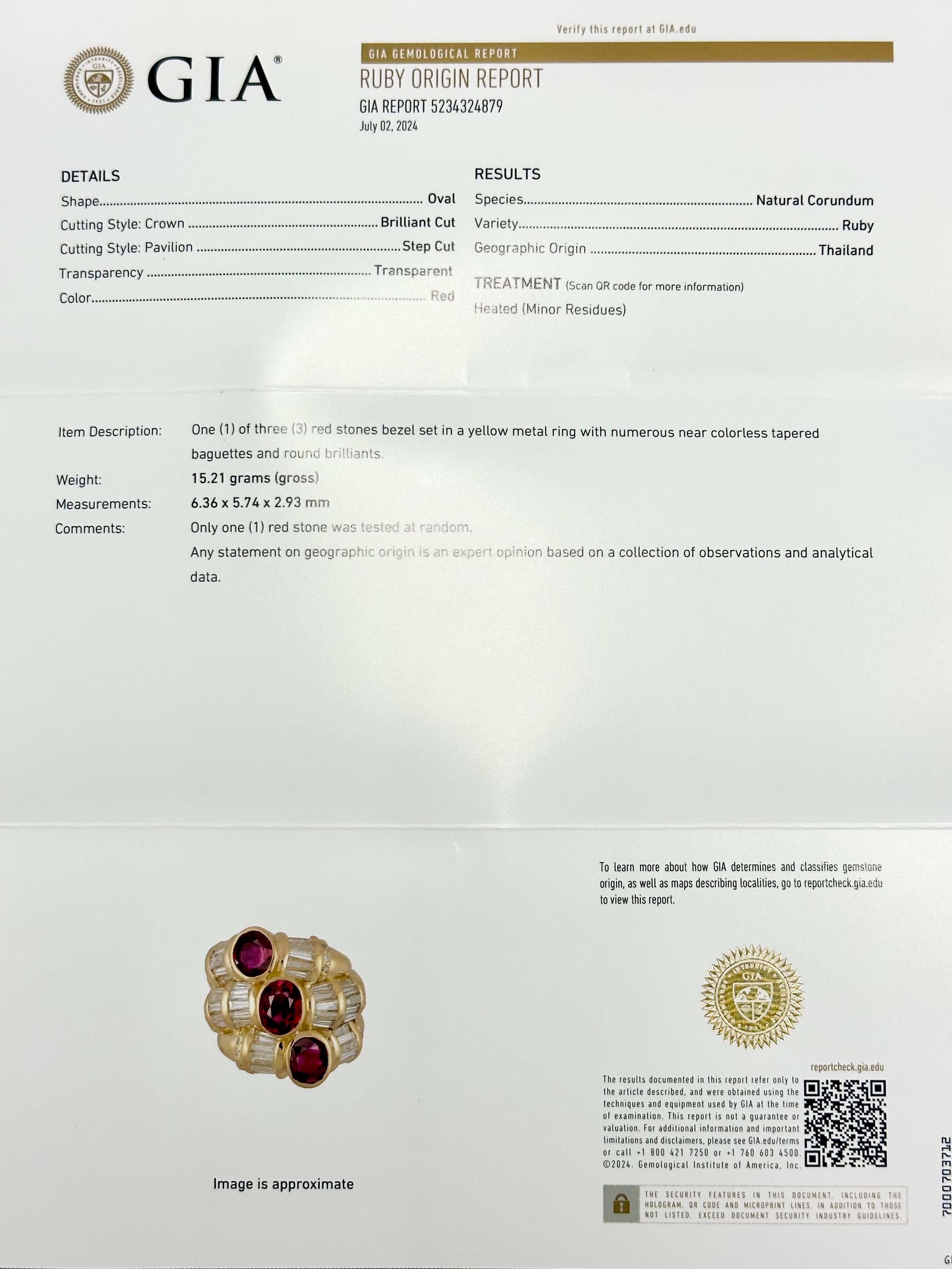 Estate 18K Triple Bezel Ruby Baguette Diamond Large Cocktail Ring 7.20cttw GIA For Sale 9