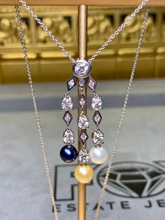 Estate 18K Triple Drop Diamond Multicolored Pearl Pendant Necklace 16”