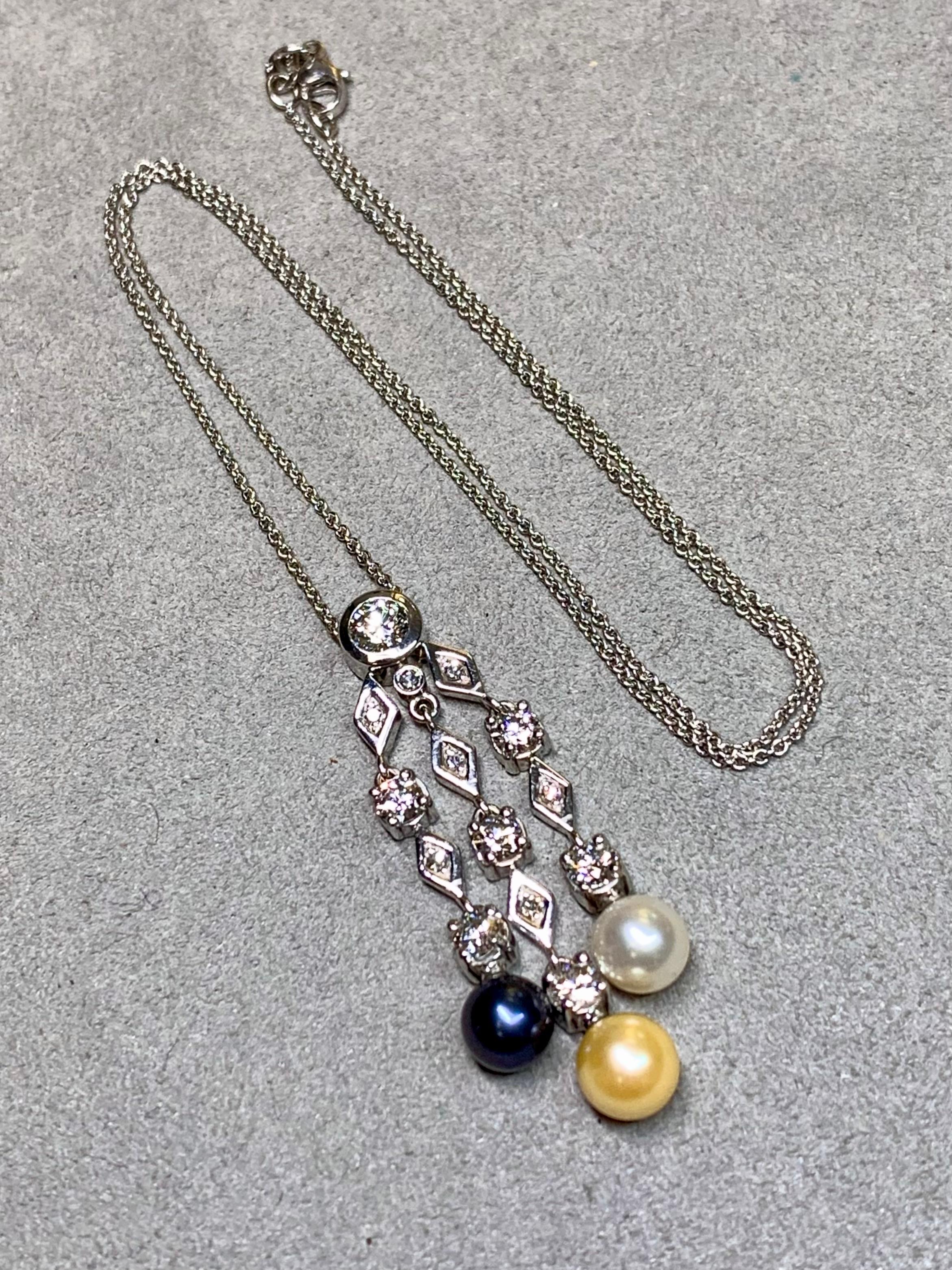 Estate 18K Triple Drop Diamond Multicolored Pearl Anhänger Halskette 16