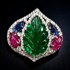 Estate 18K Tutti Frutti Leaf Emerald Ruby Sapphire Diamond Cocktail Ring 11.61ct