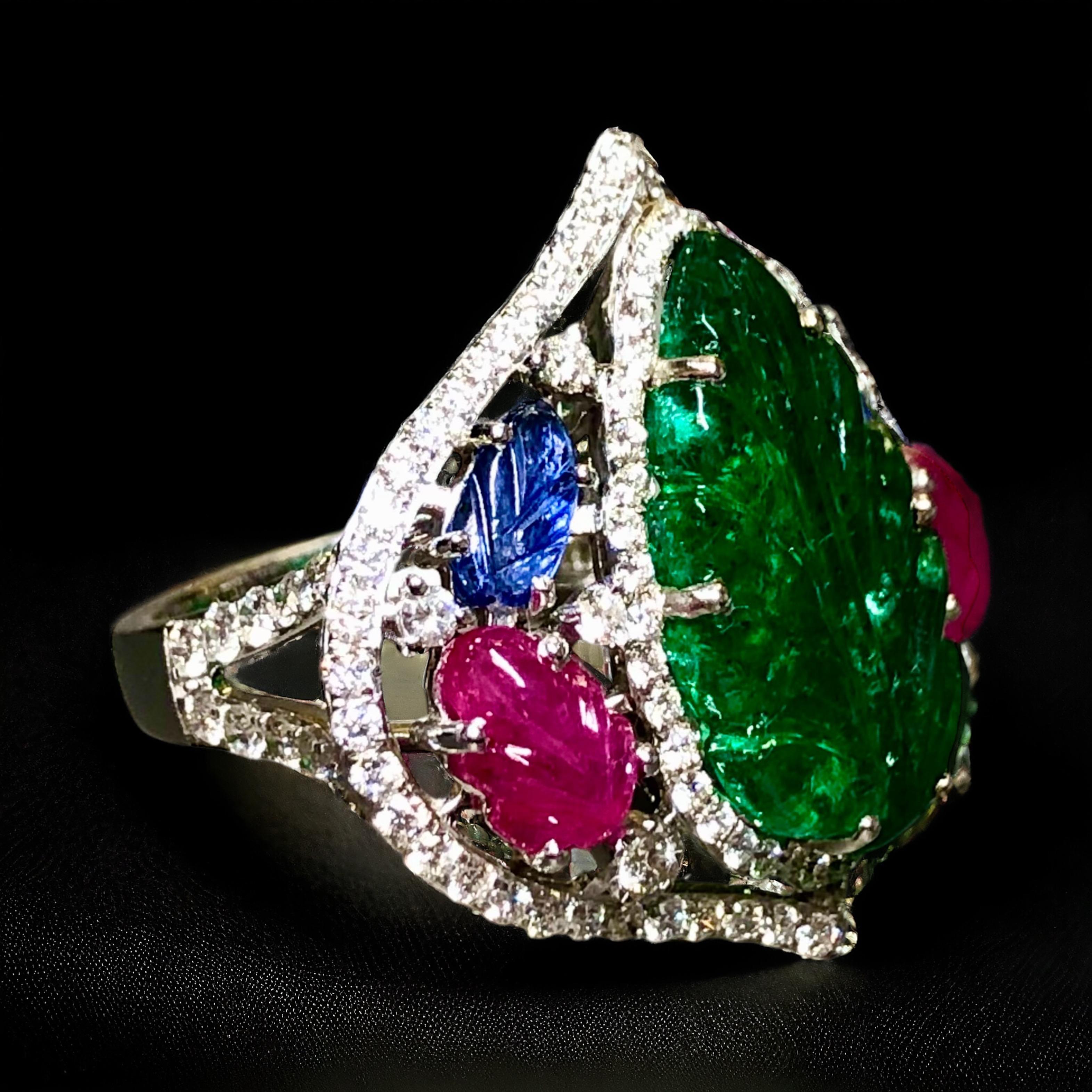 Art Deco Estate 18K Tutti Frutti Leaf Emerald Ruby Sapphire Diamond Cocktail Ring 11.61ct For Sale