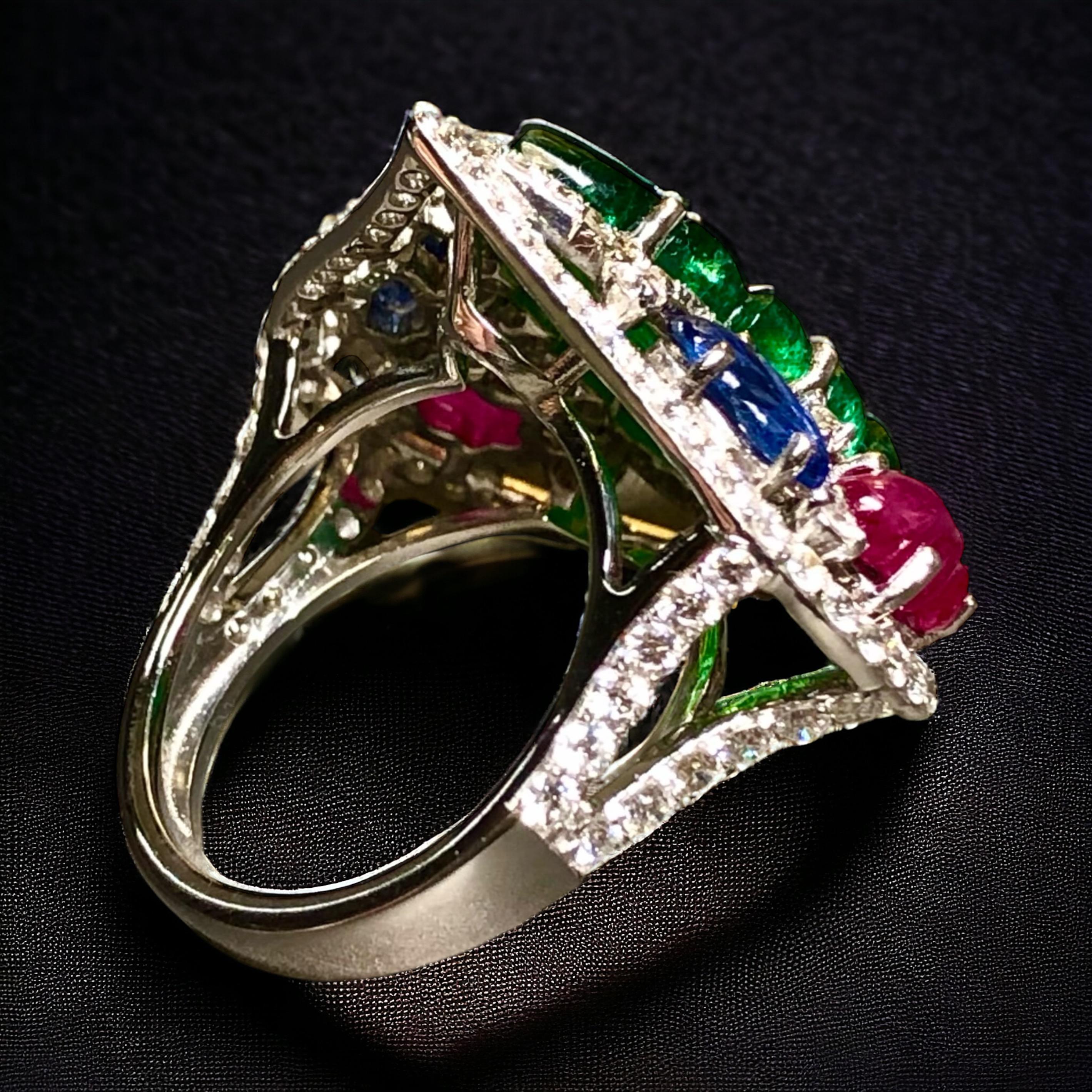 Emerald Cut Estate 18K Tutti Frutti Leaf Emerald Ruby Sapphire Diamond Cocktail Ring 11.61ct For Sale