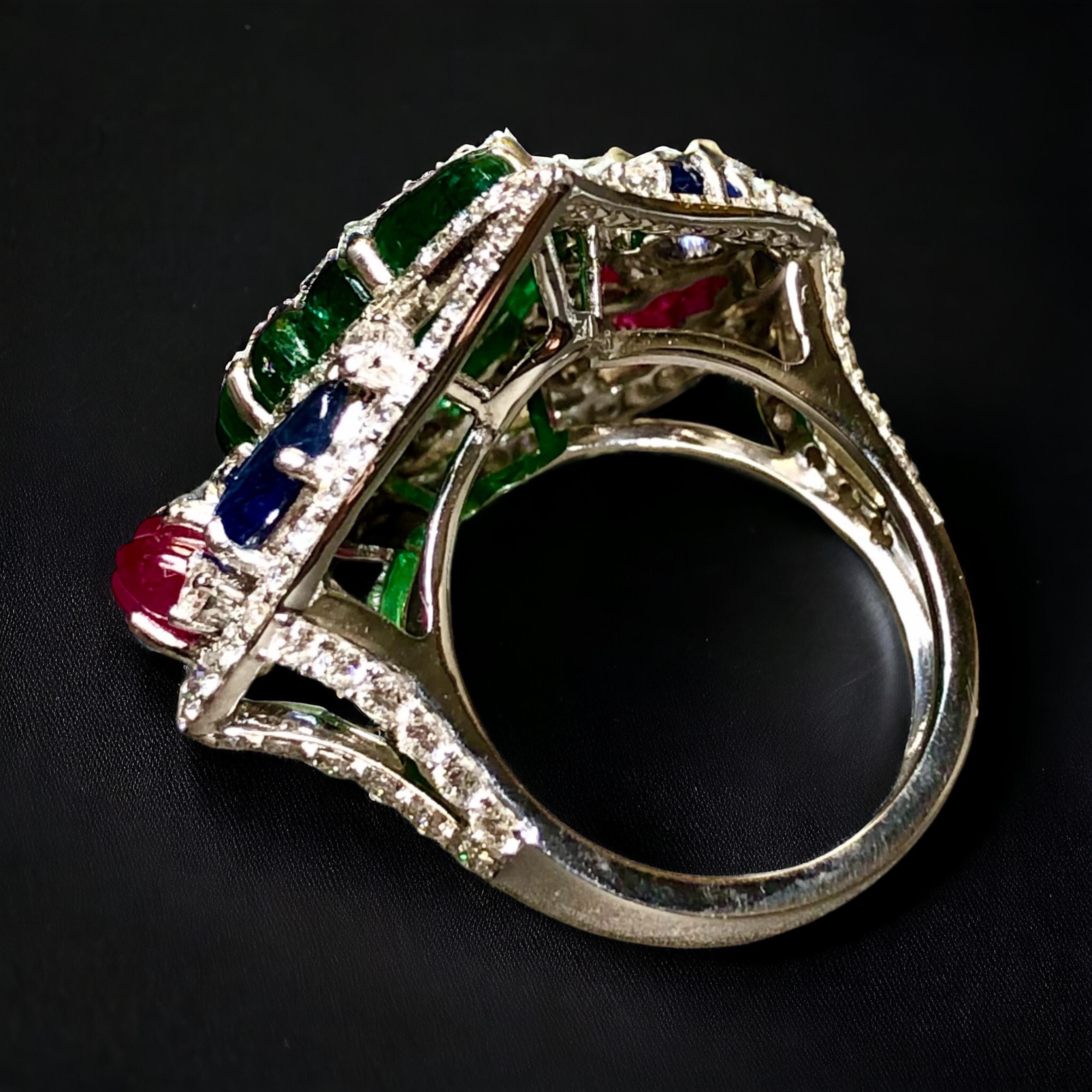 Estate 18K Tutti Frutti Leaf Emerald Ruby Sapphire Diamond Cocktail Ring 11.61ct In Excellent Condition For Sale In Winter Springs, FL