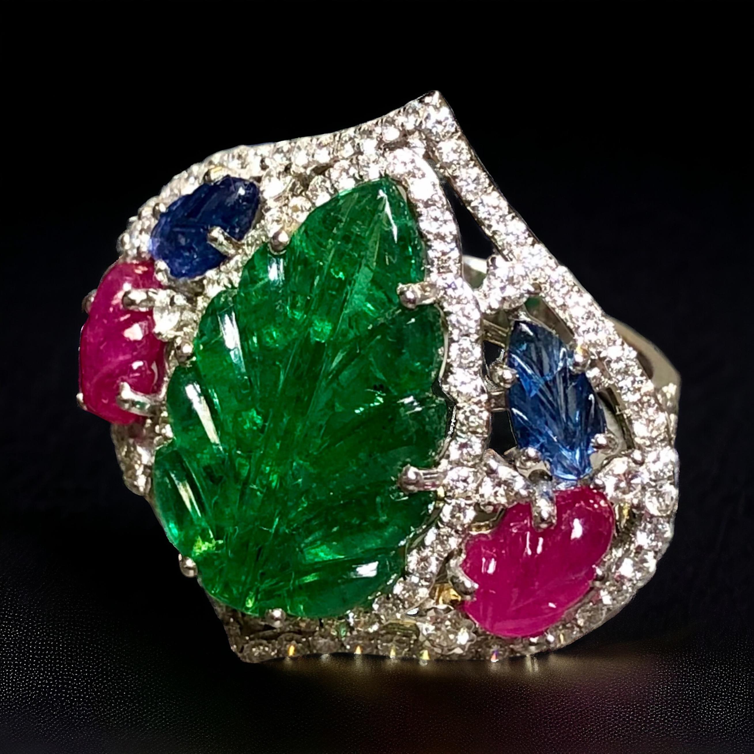 Women's or Men's Estate 18K Tutti Frutti Leaf Emerald Ruby Sapphire Diamond Cocktail Ring 11.61ct For Sale