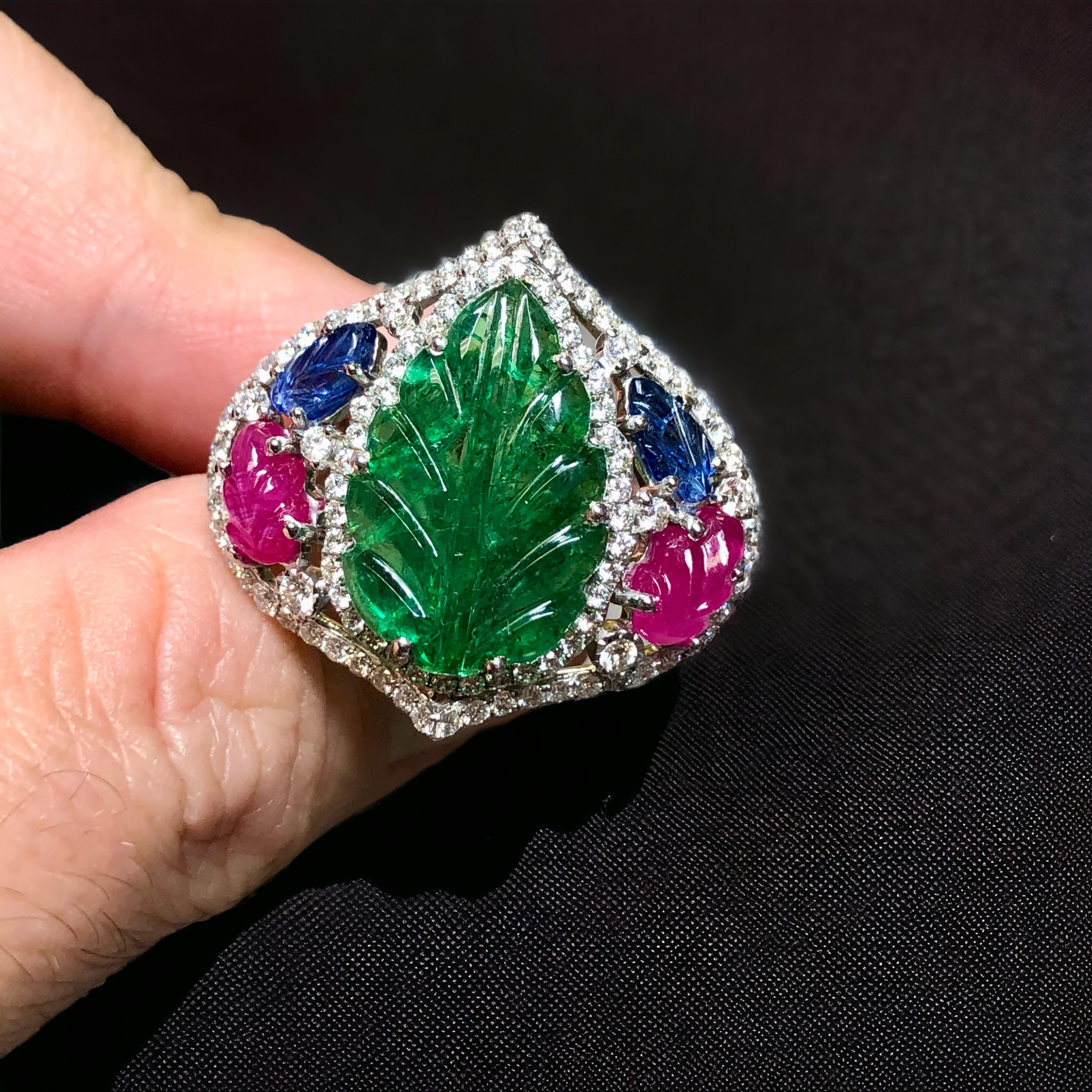 Estate 18K Tutti Frutti Leaf Emerald Ruby Sapphire Diamond Cocktail Ring 11.61ct For Sale 1