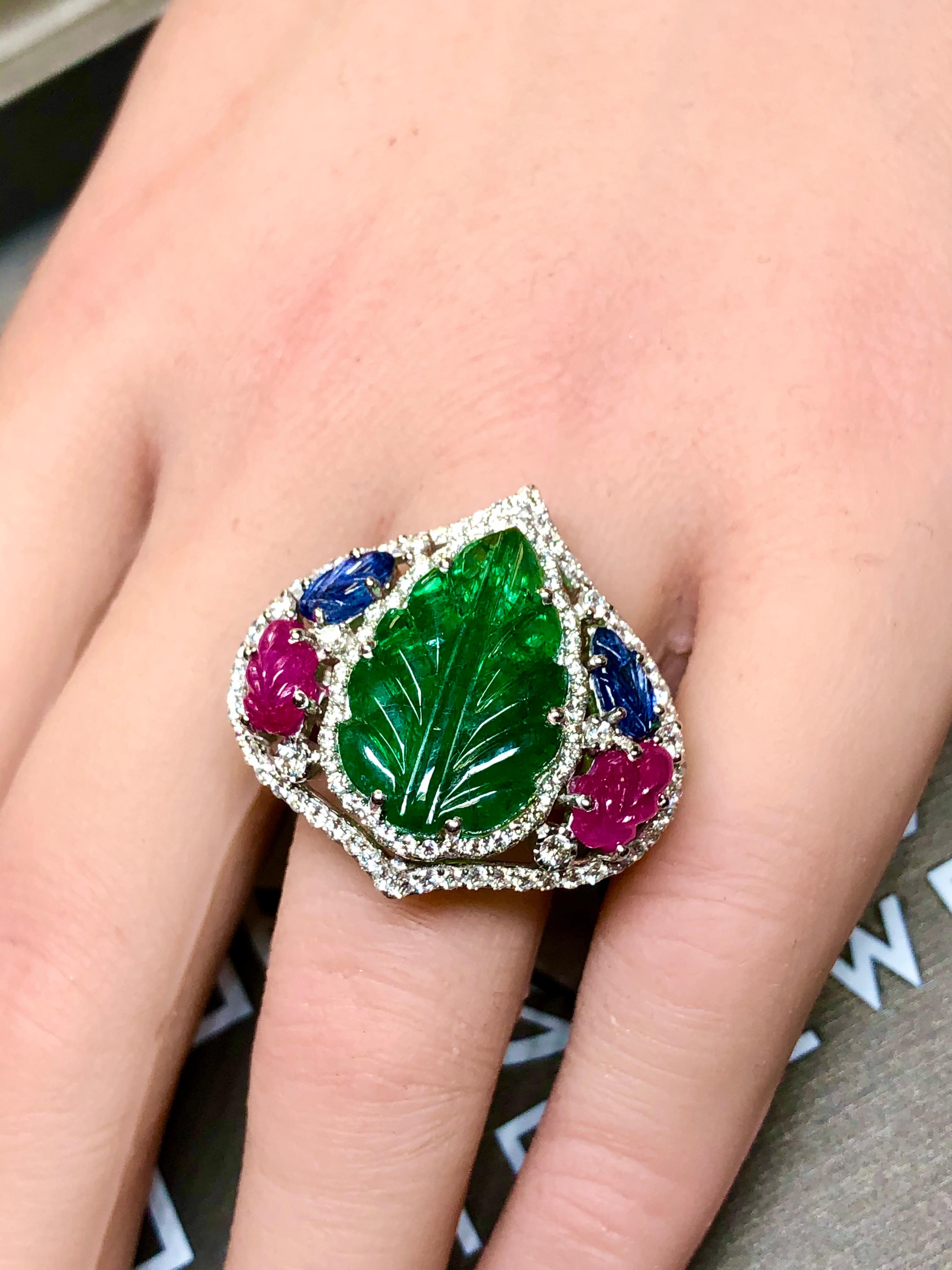Estate 18K Tutti Frutti Leaf Emerald Ruby Sapphire Diamond Cocktail Ring 11.61ct For Sale 2