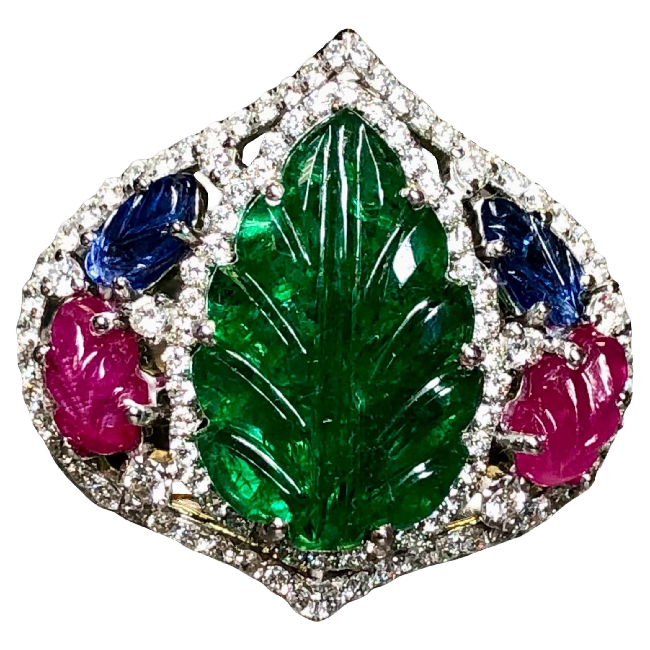 Estate 18K Tutti Frutti Leaf Emerald Ruby Sapphire Diamond Cocktail Ring 11.61ct